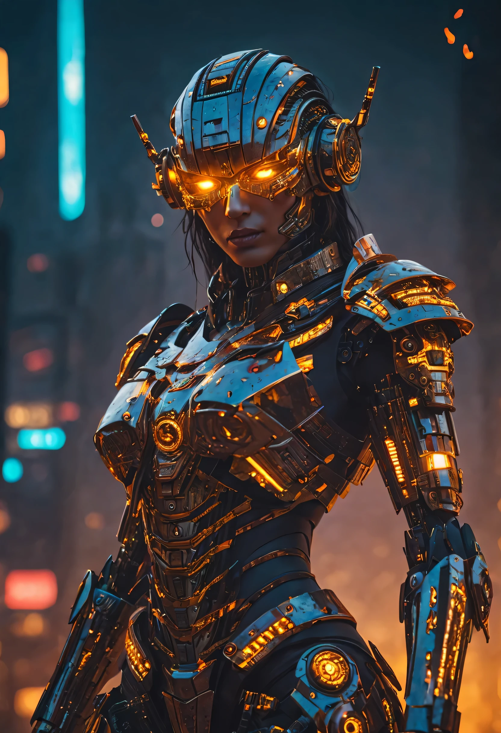 (Mechanical Amazon warrior), cyborg body, surrounded by the glowing embers of a dying sun, wears an intricate, android cyberpunk themed suit of armor, her glass eyes reflecting the last remnants of the day, high details, high quality, highres, 16k, masterpiece