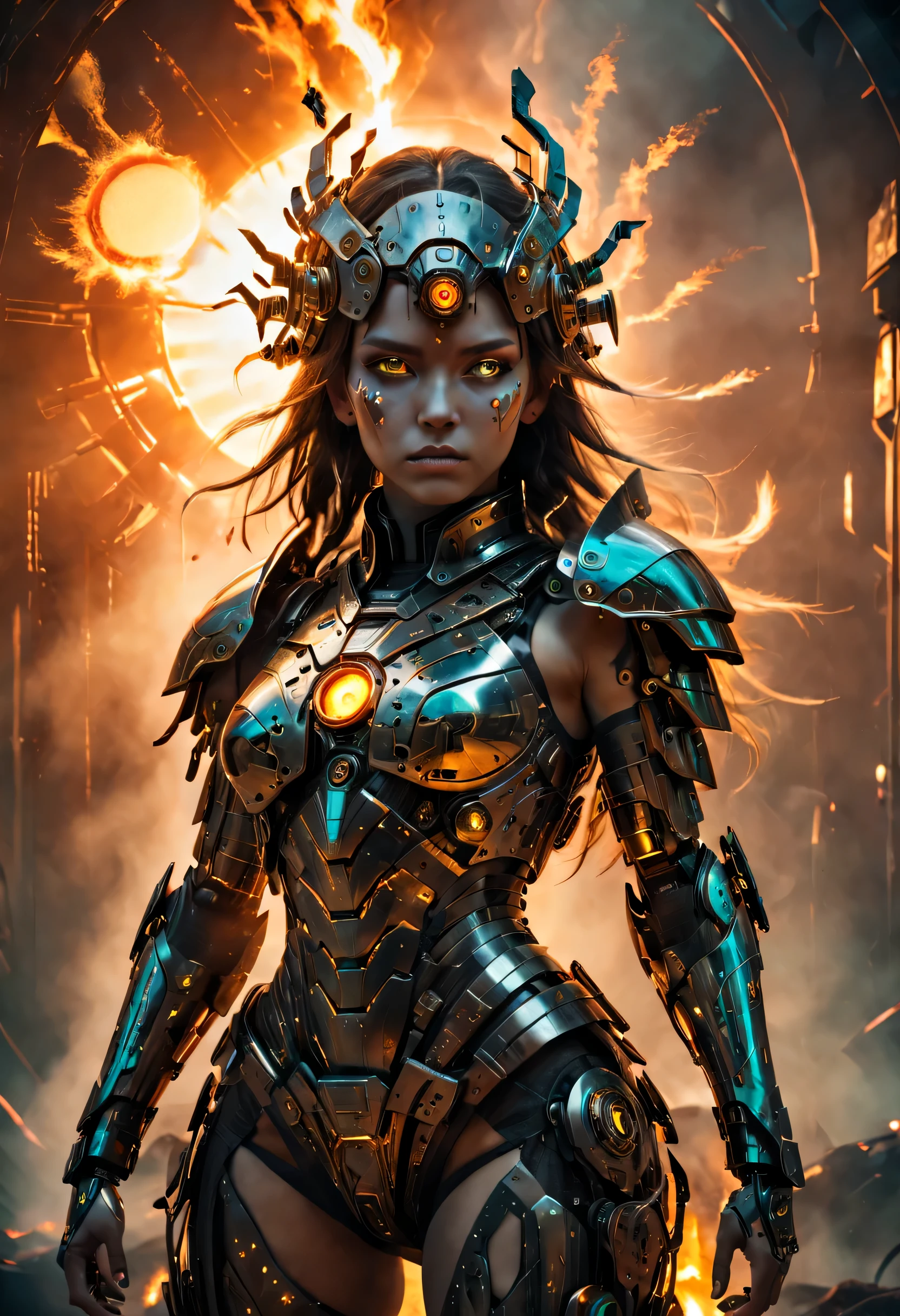 (Mechanical Amazon warrior), cyborg body, surrounded by the glowing embers of a dying sun, wears an intricate, android cyberpunk themed suit of armor, her glass eyes reflecting the last remnants of the day, high details, high quality, highres, 16k, masterpiece