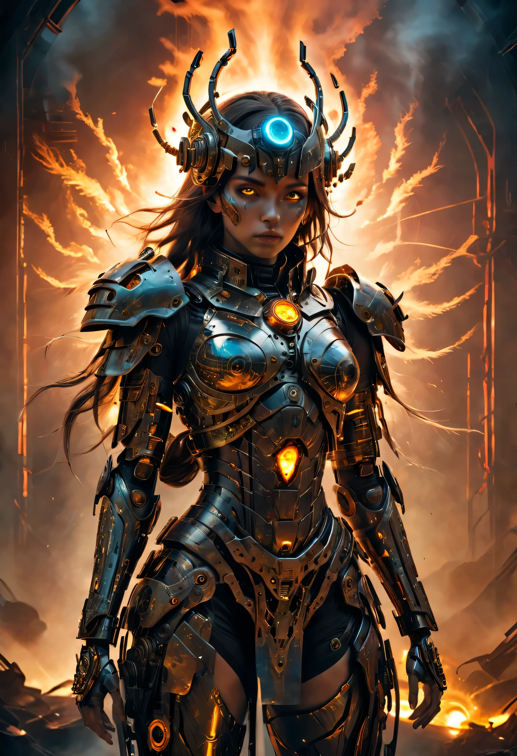 (Mechanical Amazon warrior), girl made of smoke, cyborg body, surrounded by the glowing embers of a dying sun, wears an intricate, android cyberpunk themed suit of armor, her glass eyes reflecting the last remnants of the day, high details, high quality, highres, 16k, masterpiece