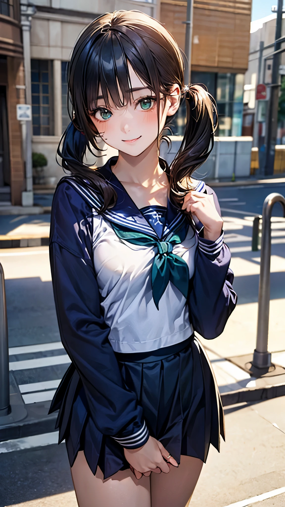 (masterpiece:1.2, top-quality), (realistic, photorealistic:1.4), beautiful illustration, (natural side lighting, movie lighting), 
looking at viewer, cowboy shot, front view:0.6, 1 girl, japanese, junior high school girl, 12 years old, perfect face, cute and symmetrical face, shiny skin, 
(middle hair:1.2, low twintails:1.2, black hair), hair over one eye, emerald green eyes, long eye lasher, (large breasts:0.5), 
beautiful hair, beautiful face, beautiful detailed eyes, beautiful clavicle, beautiful body, beautiful chest, beautiful thigh, beautiful legs, beautiful fingers, 
((detailed cloth texture, long sleeves navy cute sailor suit, navy pleated skirt, navy sailor collar, sailor scarf)), 
(beautiful scenery), evening, riverside, standing, (cute, smile, upper eyes), 
