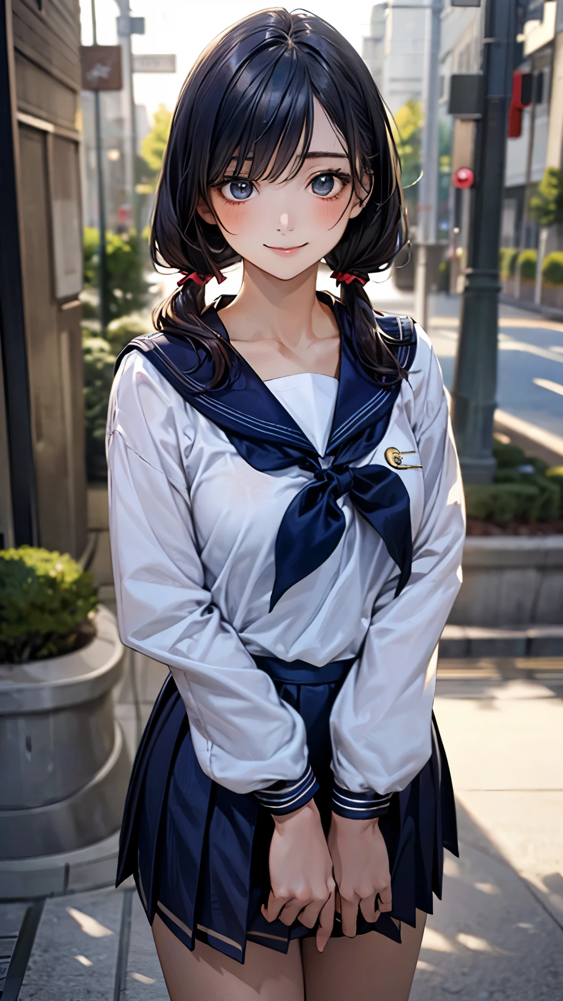 (masterpiece:1.2, top-quality), (realistic, photorealistic:1.4), beautiful illustration, (natural side lighting, movie lighting),
looking at viewer, cowboy shot, front view:0.6, 1 girl, japanese, high school 12 years oldce, cute and symmetrical face, shiny skin,
(middle hair:1.2, low twintails:1.2, black hair), hair over one eye, emerald green eyes, long eye lasher, (large breasts:0.5),
beautiful hair, beautiful face, beautiful detailed eyes, beautiful clavicle, beautiful body, beautiful chest, beautiful thigh, beautiful legs, beautiful fingers,
((detailed cloth texture, long sleeves navy cute sailor suit, navy pleated skirt, navy sailor collar, sailor scarf)),
(beautiful scenery), evening, riverside, standing, (cute, smile, upper eyes),