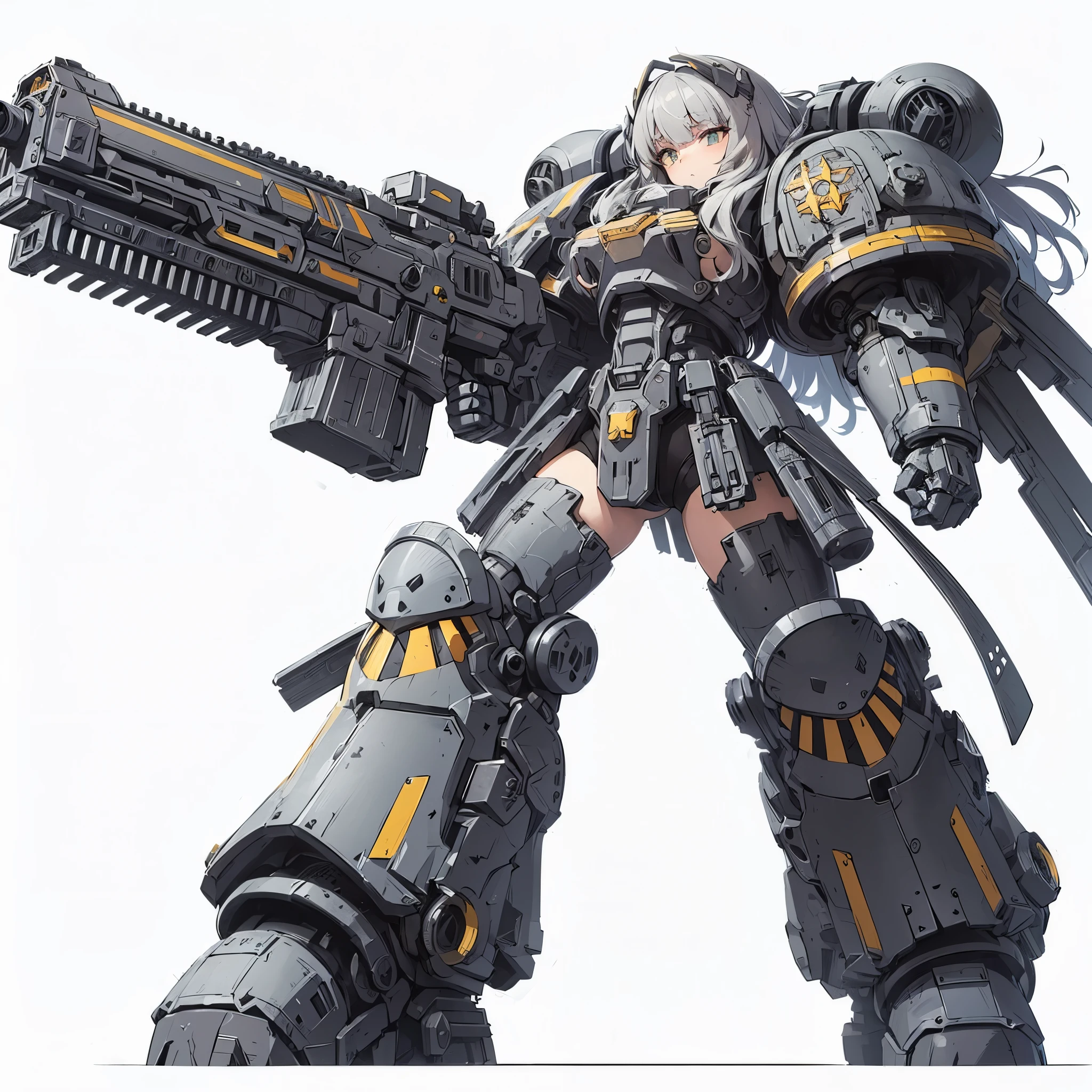 Masterpiece, best quality, ultra-detailed, anime style, full body of space marine girl, gray steel-colored and yellow stripes power armor, Mechanized limbs, held heavy high-tech gun, wearing raised boots, gunner, commando, ((Eight-pointed star symbol)), Warhammer 40K, 8k high resolution, trending art station, white background, whole body,
