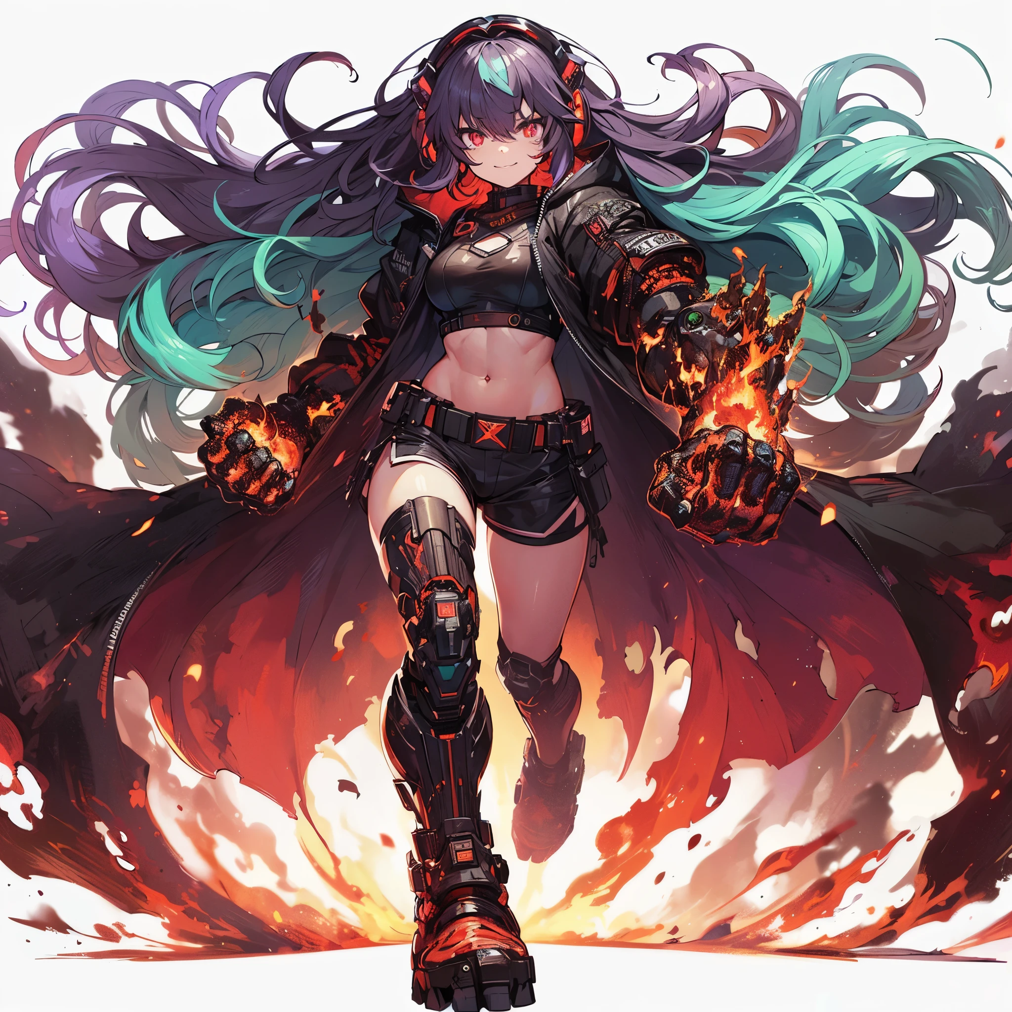 (masterpiece, Best Quality), (Perfect athlete body:1.2), (detailed hairs), Ultra-detailed, Anime style, Full body, cyberpunk grappler girl, burnt black color, BIGGEST grappler arm, BIGGEST walker foot, ((black and purple fists of flame)), sea green hair and red eyes, wearing ragged cape and shorts. heavy on details, standing in magma, 8k high resolution, white background, whole-body, full-length view, fighting pose, looking front, winning smile