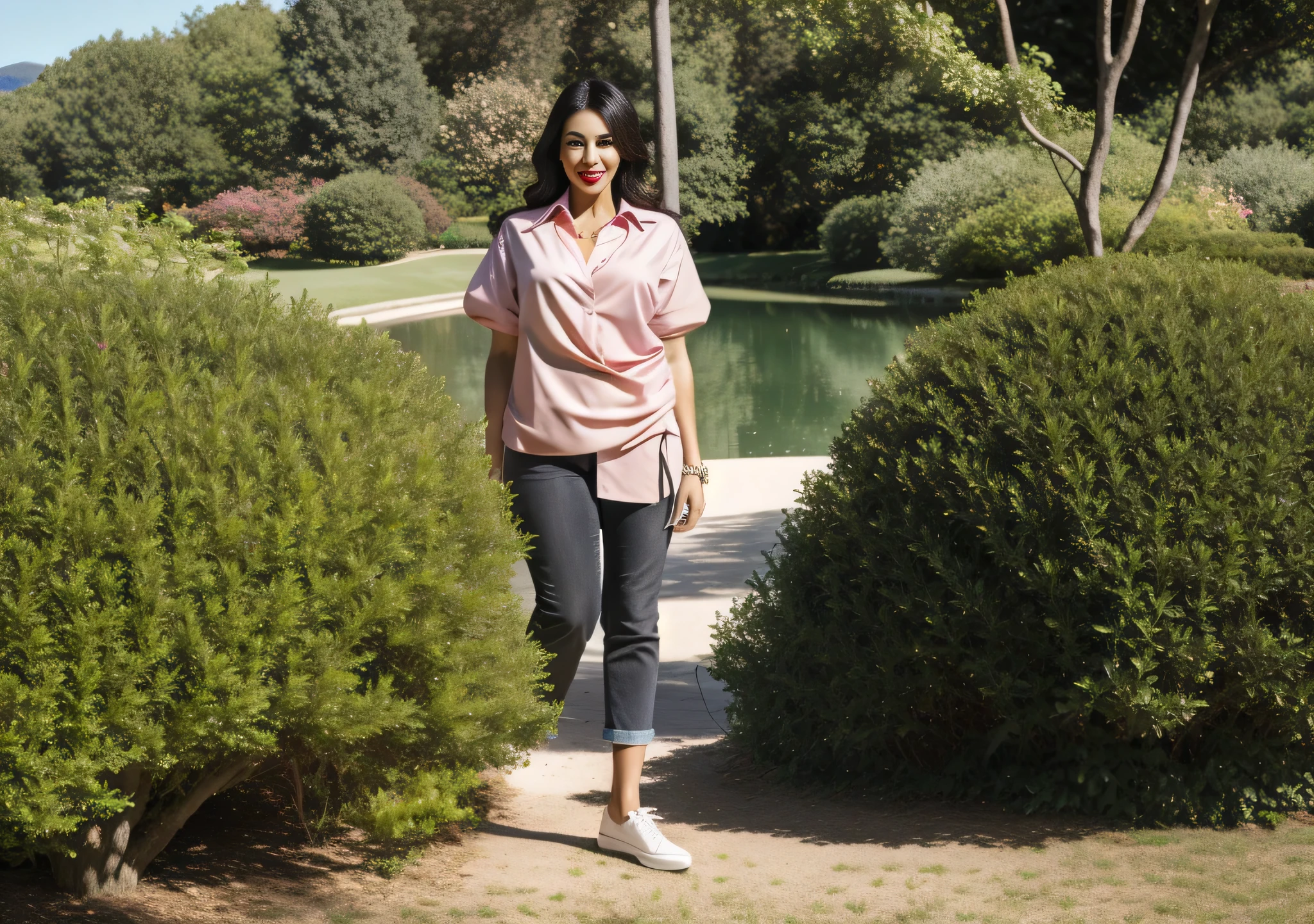 there is a woman standing in front of a lake with bushes, em um parque, with a Estacione ao fundo, em um parque, standing in a botanical garden, with a Estacione ao fundo, Estacione ao fundo, in a scenic setting, em uma cidade parque da cidade. Mulher com pele branca bronzeada e cabelos escuros. Ela tem cerca de 38 anos. slightly plump lips, olhos castanhos escuros. Corpo fino. cintura fina. corpo perfeito, Your face is the definition of beauty. Altamente realista, Lindo, batom cor de rosa, sorriso, hiperrealismo, pele muito elaborada. foto de corpo inteiro, Limpar foto, alta qualidade, high resolution, obra de arte, 8k.
