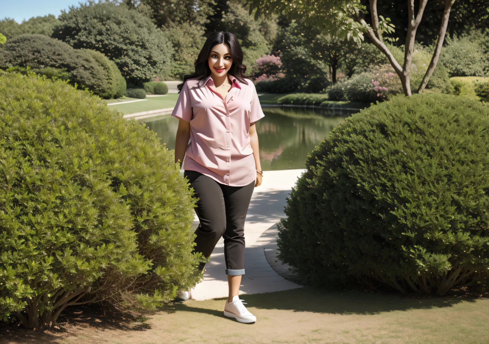 there is a woman standing in front of a lake with bushes, em um parque, with a Estacione ao fundo, em um parque, standing in a botanical garden, with a Estacione ao fundo, Estacione ao fundo, in a scenic setting, em uma cidade parque da cidade. Mulher com pele branca bronzeada e cabelos escuros. Ela tem cerca de 38 anos. slightly plump lips, olhos castanhos escuros. Corpo fino. cintura fina. corpo perfeito, Your face is the definition of beauty. Altamente realista, Lindo, batom cor de rosa, sorriso, hiperrealismo, pele muito elaborada. foto de corpo inteiro, Limpar foto, alta qualidade, high resolution, obra de arte, 8k.