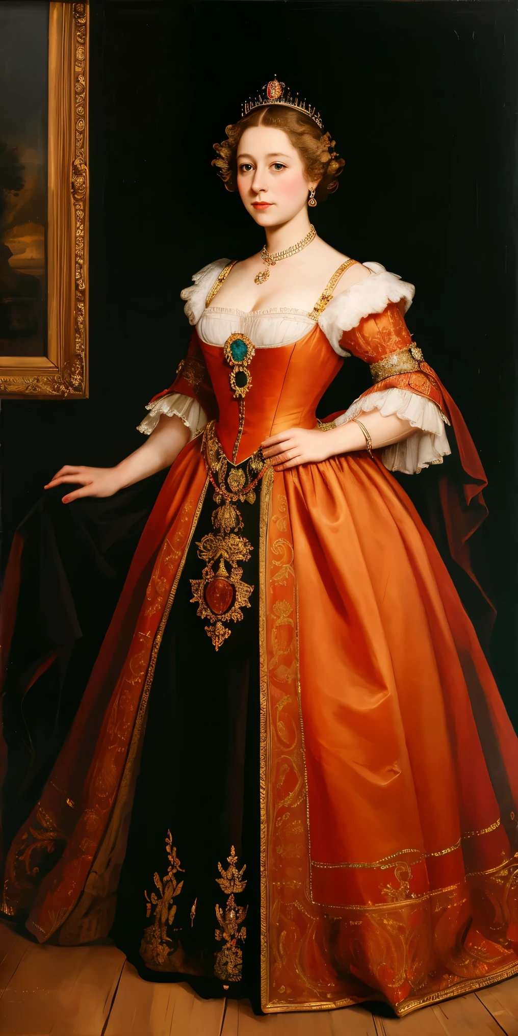  oil painting portrait of a young queen Elizabeth , cleavage,  full body portrait, renaissance outfit, bright background, heavy brushstrokes, moody, Rembrandt-style lighting, high contrast, vintage, 