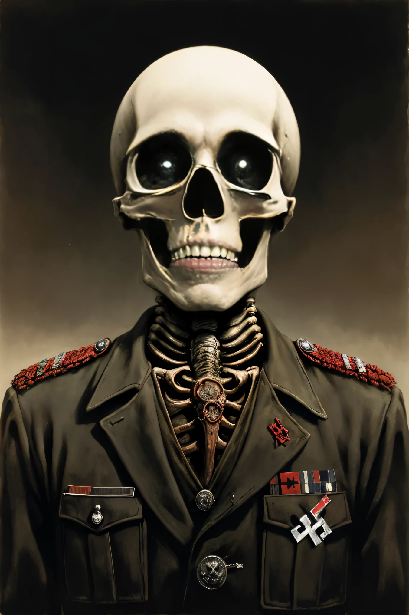 painting of Nazi SS officer, dystopian, creepy, nightmare, disturbing, creepy, gloomy, rotten, by zdzislaw beksinski