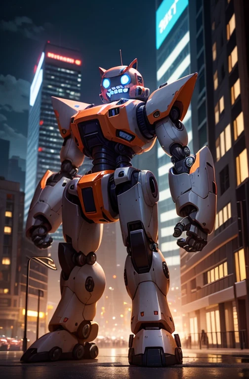 a cute mecha, robot cat, mecha, no humans, action pose, night cty