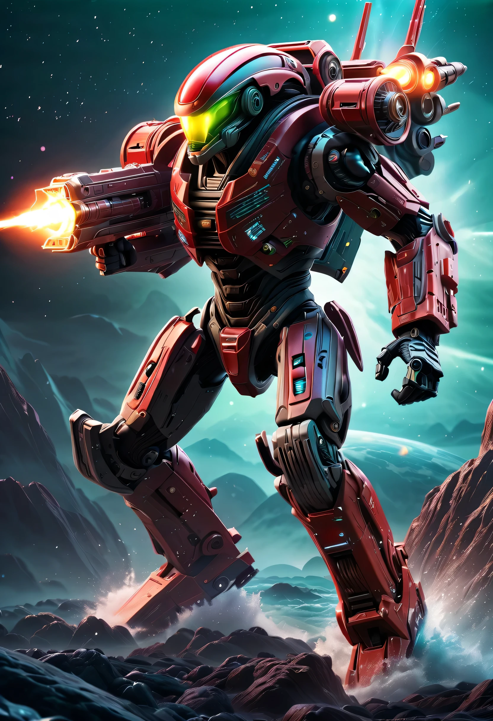 best quality，masterpiece：1.2，super detailed，lifelike：1.37，high tech，白色机甲机械warrior，warrior，running，Dodge，Handheld Gatling Launcher，Combat action，Luminous energy core，Chasing the exotic sea，Interstellar，flying saucer