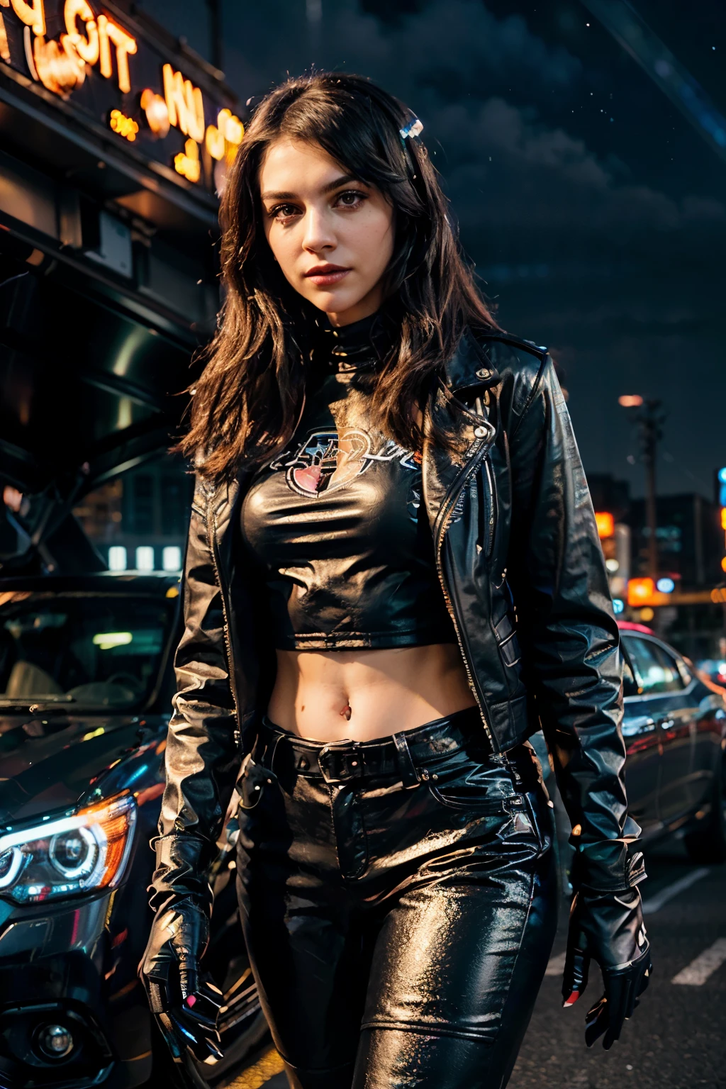 night city, sparkles in neon lights. A car is driving along the highway, he is led by a girl, wearing a leather jacket and trousers, on goals kepi. black gloves on hands. Illumination sparkles everywhere. The city lives at night, secret life