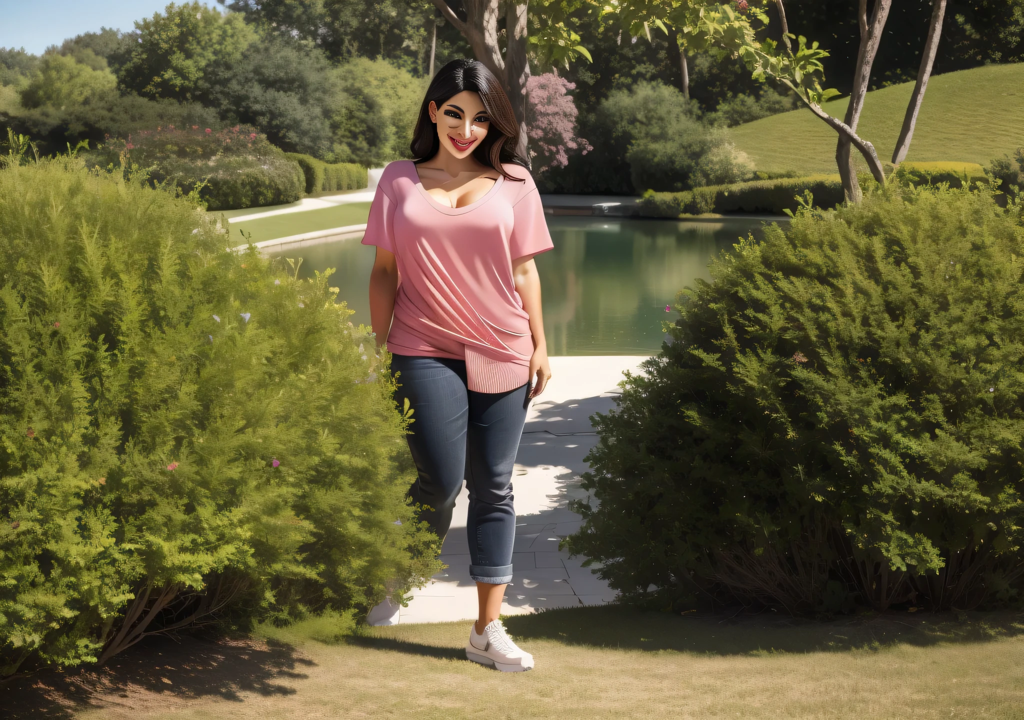 there is a woman standing in front of a lake with bushes, em um parque, with a Estacione ao fundo, em um parque, standing in a botanical garden, with a Estacione ao fundo, Estacione ao fundo, in a scenic setting, em uma cidade parque da cidade. Mulher com pele branca bronzeada e cabelos escuros. Ela tem cerca de 38 anos. slightly plump lips, olhos castanhos escuros. Corpo fino. cintura fina. corpo perfeito, Your face is the definition of beauty. Altamente realista, Lindo, batom cor de rosa, sorriso, hiperrealismo, pele muito elaborada. foto de corpo inteiro, Limpar foto, alta qualidade, high resolution, obra de arte, 8k.