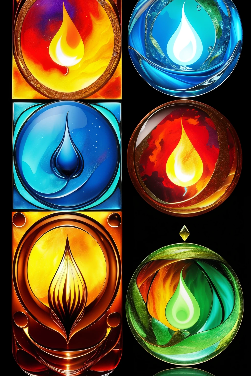 Four elements avatar style: Earth, Water, Fire, Air – harmoniously blended intricate designs.

Earth element: Robust, grounded appearance with intricate stone texture and rich earthy tones.

Water element: Flowing, ethereal lines and shimmering water droplet effects, evoking a sense of relaxation.

Fire element: Vibrant, bold strokes and fiery hues, conveying energy and passion.

Air element: Transparent, lightweight features and gentle easel brush-like strokes, representing freedom and creativity.

Masterpiece: A unified, balanced fusion of the four elements – Earth, Water, Fire, Air – in stunning