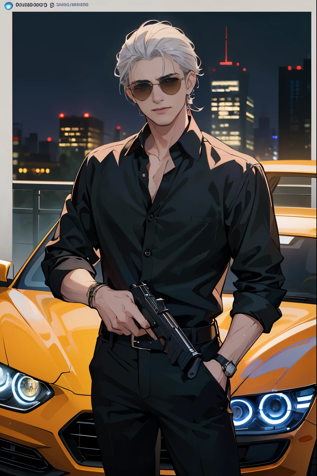 ((Atualmente, A cute and beautiful Man with a dagger in her hand), ((Mafia)), ((sorriso travesso), ((cabelos longos exuberantes)), ((black pants)), (( olhos gradientes)), ((The background is a night view of the city with various sports cars and mafia)), ((camisa social branca)), (Homem chefe de mafia)), ((wearing sunglasses)), ((cabelos platinados)), rosto atraente e masculino, ((Man holding a gun in his hand)), scenario, Yakuza, UHigh definition, retina, obra de arte, preciso, anatomical, Cientificamente correto, Pele texturizada, super detalhe, altamente detalhado, alta qualidade, premiado, maximum quality, High definition, 1080P, High definition, 4k, 8k, 16k