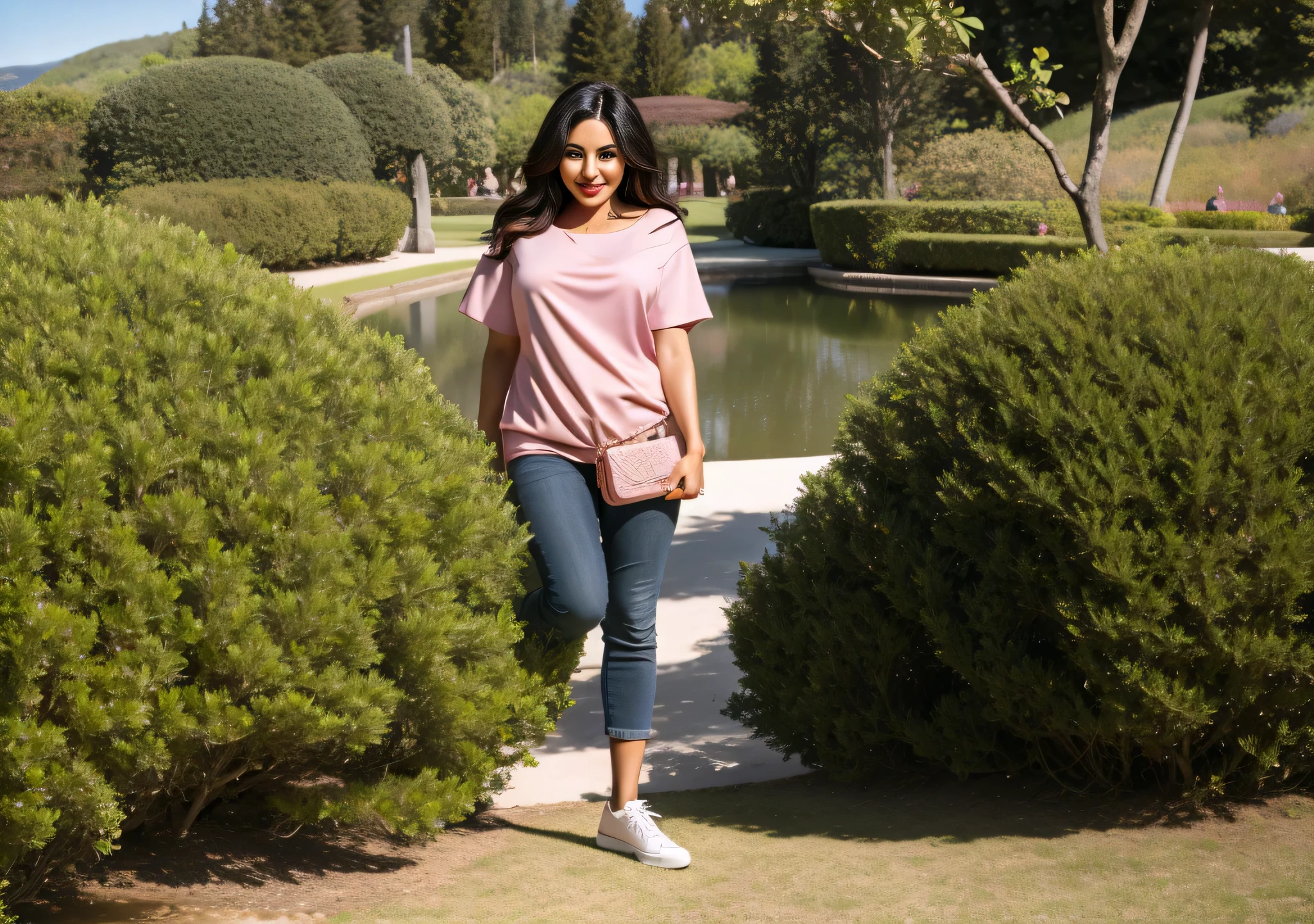 there is a woman standing in front of a lake with bushes, em um parque, with a Estacione ao fundo, em um parque, standing in a botanical garden, with a Estacione ao fundo, Estacione ao fundo, in a scenic setting, em uma cidade parque da cidade. Mulher com pele branca bronzeada e cabelos escuros. Ela tem cerca de 38 anos. slightly plump lips, olhos castanhos escuros. Corpo fino. cintura fina. corpo perfeito, Your face is the definition of beauty. Altamente realista, Lindo, batom cor de rosa, sorriso, hiperrealismo, pele muito elaborada. foto de corpo inteiro, Limpar foto, alta qualidade, high resolution, obra de arte, 8k.