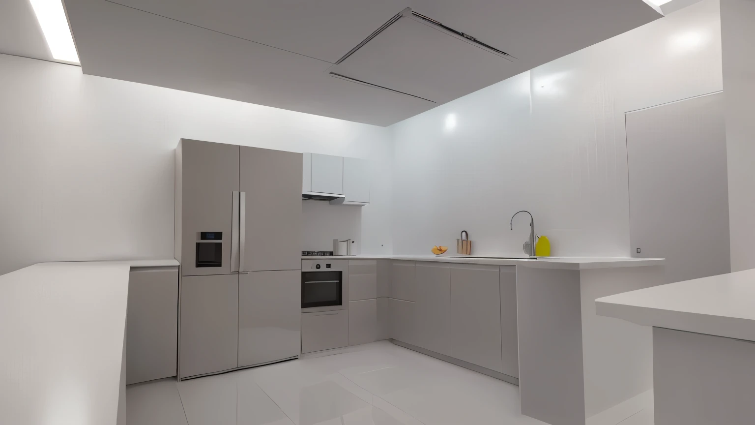 A kitchen with cream walls, white ceiling, wooden cabinet, gray refrigerator, sink. Flooring with cream tiles.