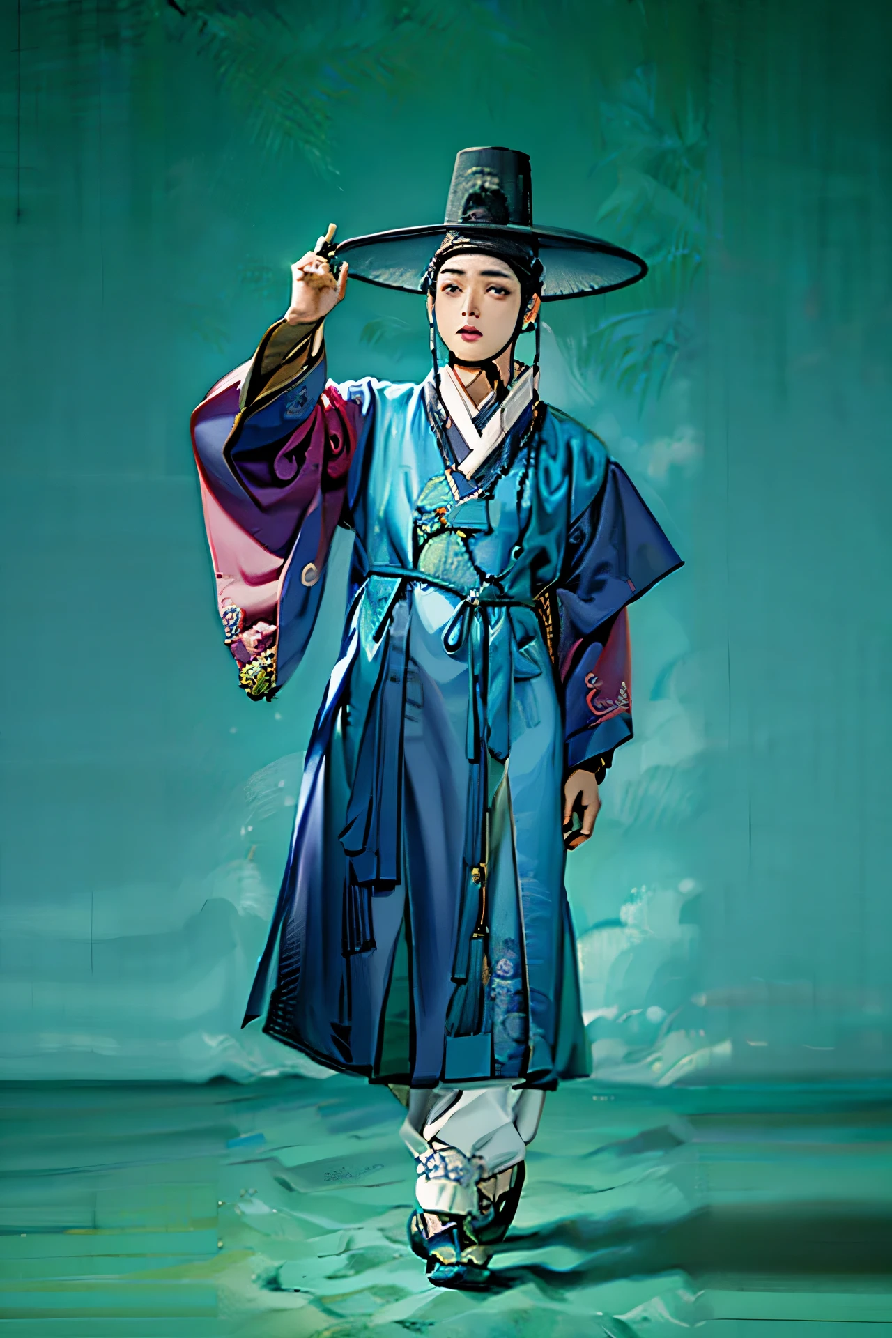 araffe dressed in a blue he is a book and a black hat, wearing blue robes, he is a book, korean he is a book, Songs inspired by Shin Saimdang, traditional clothes, traditional clothes, blue robes, wearing a blue robes, Songs inspired by Shin Yun-bok, traditional clothes, blue robess, blue tunic and gown, Outfit with blue accents, classic gown, (((male)))