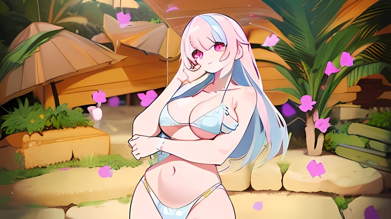 ultra Detailed eyes,blends skin,big breasts,pink eyes,bikini,smile,Two tone hair,pink hair tips,woman,Detailed eyes,Normal Hand,delicate face.