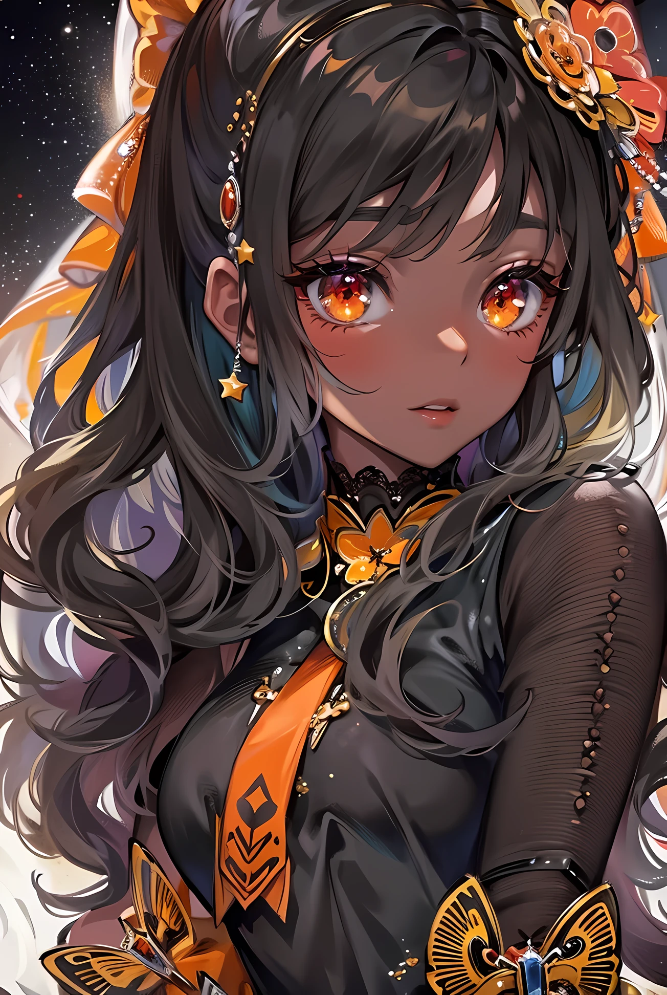 ((Masterpiece, Highest quality)), Detailed face, Character,black anime girl, half body, Full of details, Pretty pose, Highly detailed, Depth, Many parts,Beautiful spy,dark brown skin, long black hair,red eyes, estilo fantasia,Orange caramel,Extremely beautiful,High Balance, Natural light, Lace,lacepantyhose,Galaxy décor,Star decoration