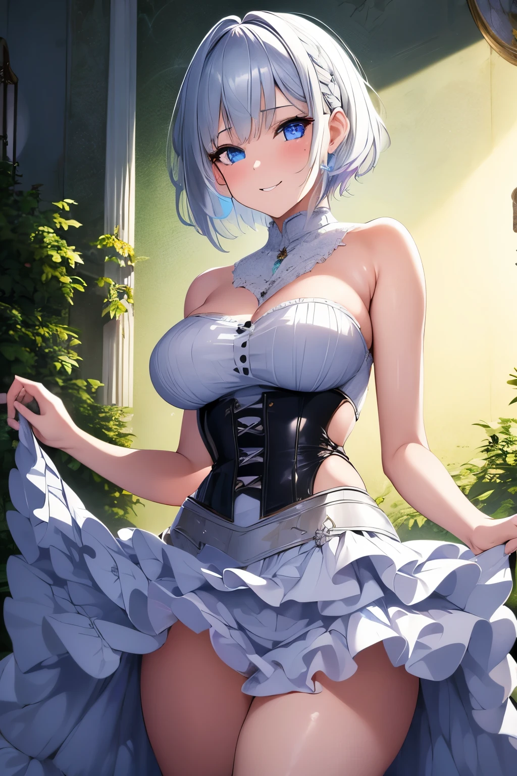 best quality, 32k, RAW photo, incredibly absurdres, extremely detailed, delicate texture, 18 years old cute girl, happy, shy, smile, iridescent platinum-silver messy pixie cut hair, side braided, wearing dress with corset and ruffled long skirt, superlative body proportion