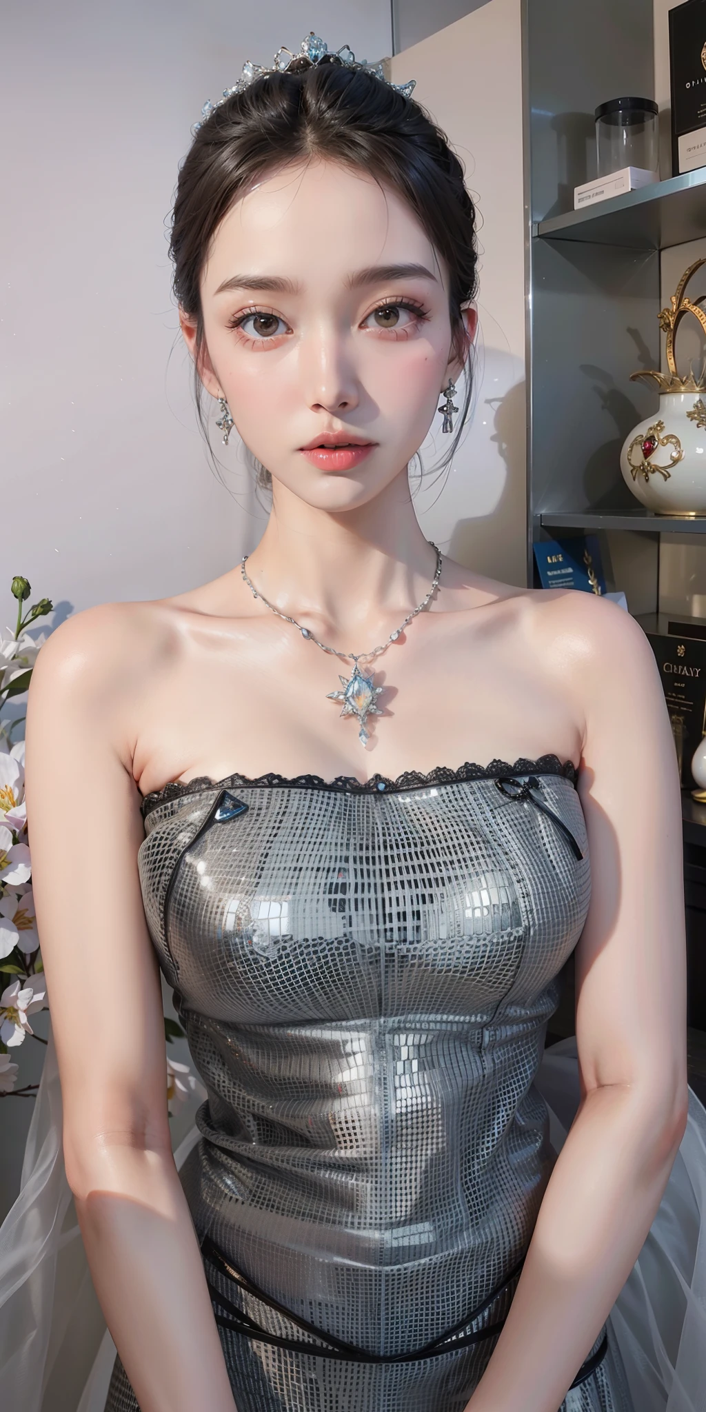 Royal sister，Delicate Frost Queen，put the crown on your head，mature body，tall figure，number，Leg length，4K，HD，Translucent lace，白皙plump figure，pretty face，Little cherry mouth，beautiful and delicious（3D royal sister），plump figure，gloss gel coat，gorgeously dressed queen，Gem Diamond Crown，chainmail