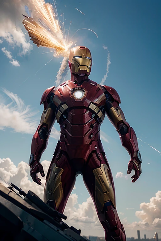 Create an image depicting an epic and cinematic scene where Iron Man is flying in the sky, showcasing his shining armor and impressive details. The setting should show a large airplane on a collision course with Iron Man, with debris flying in all directions. The sunlight should illuminate the scene dramatically, highlighting the contours of the armor and creating dynamic shadows. Iron Man should display a determined and heroic expression while using his powers to deflect or destroy the airplane in a moment of intense action. The details of the armor, including metallic reflections and propulsion systems, should be richly rendered to create an impressive and immersive image. The sky background should be painted with vibrant tones and dramatic clouds to add depth and atmosphere to the scene. Ensure that the composition conveys a sense of movement and energy, capturing the excitement of the confrontation between Iron Man and the airplane. The final quality of the image should be high-level, with advanced levels of detail and a visual style reminiscent of superhero cinematic productions.