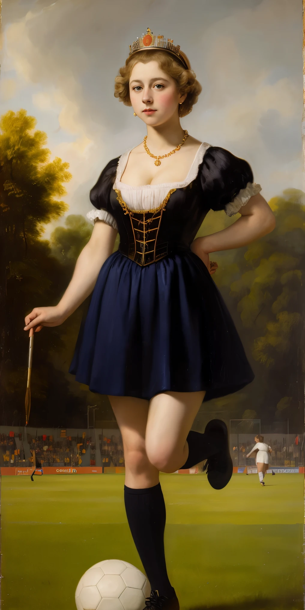 painting of a young queen Elizabeth , Happy, cleavage,  full body portrait, soccer outfit, playing soccer, on a field, bright background, heavy brushstrokes, moody, Rembrandt-style lighting, high contrast, vintage, 