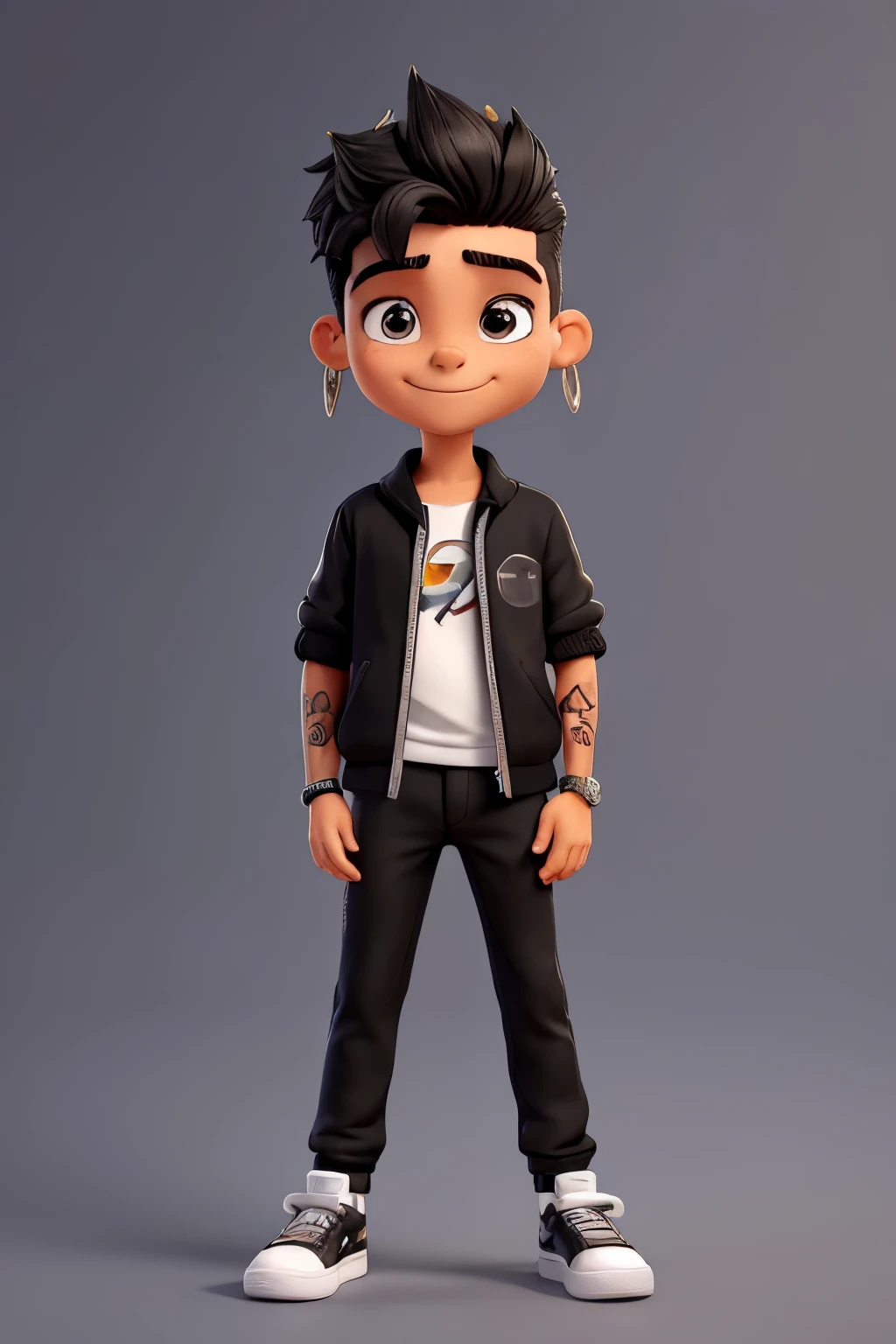 quero um desenho de um garoto com 20 anos, Who is a black clothes teacher, white sneakers, sorrindo, de cabelos curtos e platinados, with three earrings in each ear and an eyebrow piercing, with eagle tattoo on neck and tattoos on right and left arm