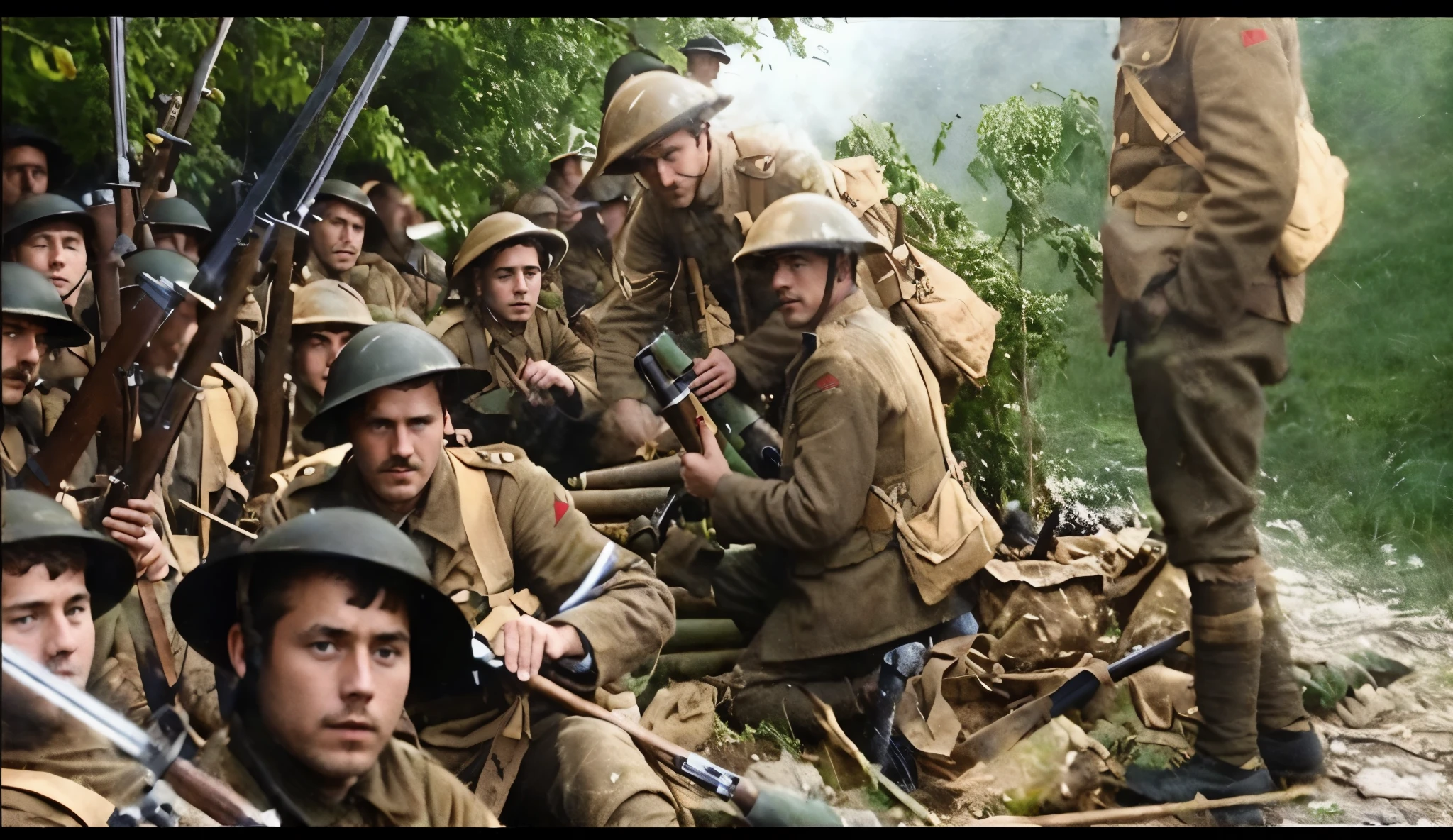 soldiers in uniforms are posing for a group photo in a forest, ww1 film photo, in trenches, wartime footage, from a movie scene, scene from the film, movie screencap, still from the film, movie screenshot, still image from the movie, screenshot from a movie, movie screen shot, slide show, full color still, high resolution film still