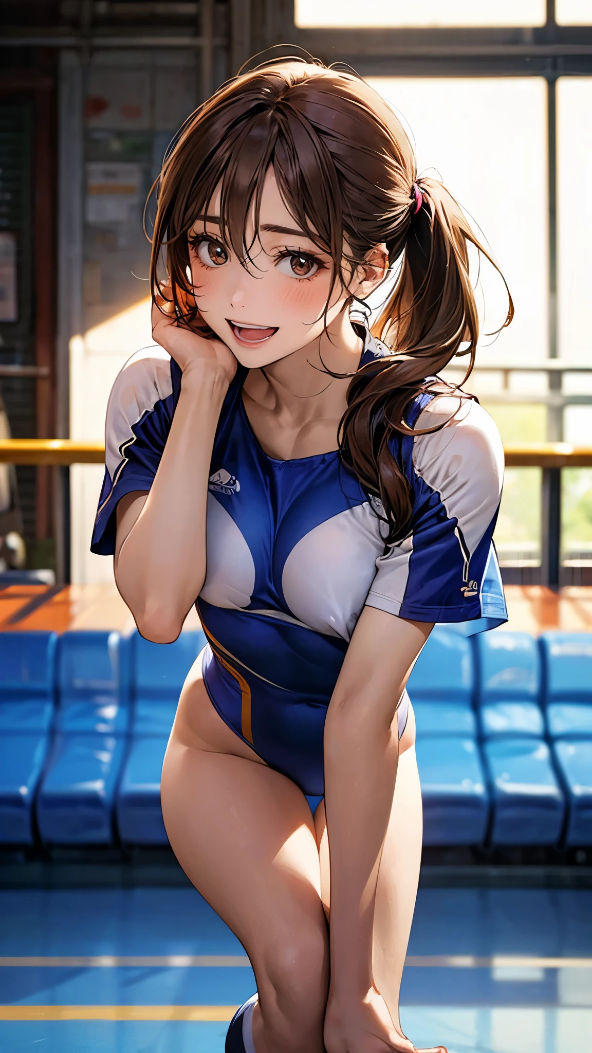 (masterpiece:1.2, top-quality), (realistic, photorealistic:1.4), beautiful illustration, (natural side lighting, movie lighting),
looking at viewer, 1 girl, japanese, high school girl, 16 yeaast, perfect face, cute and symmetrical face, shiny skin, babyface,
(middler:1.5, side ponytail:1.2, light brown hair), hair between eyes, brown eyes, (middle breasts, seductive thighs, big ass), nipple hardening,
beautiful hair, beautiful face, beautiful detailed eyes, beautiful clavicle, beautiful body, beautiful chest, beautiful thigh, beautiful legs, beautiful fingers,
((gymnastics uniform)),
(beautiful scenery), evening, (gymnastics stadium), (one leg up gymnastics pose), (lovly smile, upper eyes, open mouth),