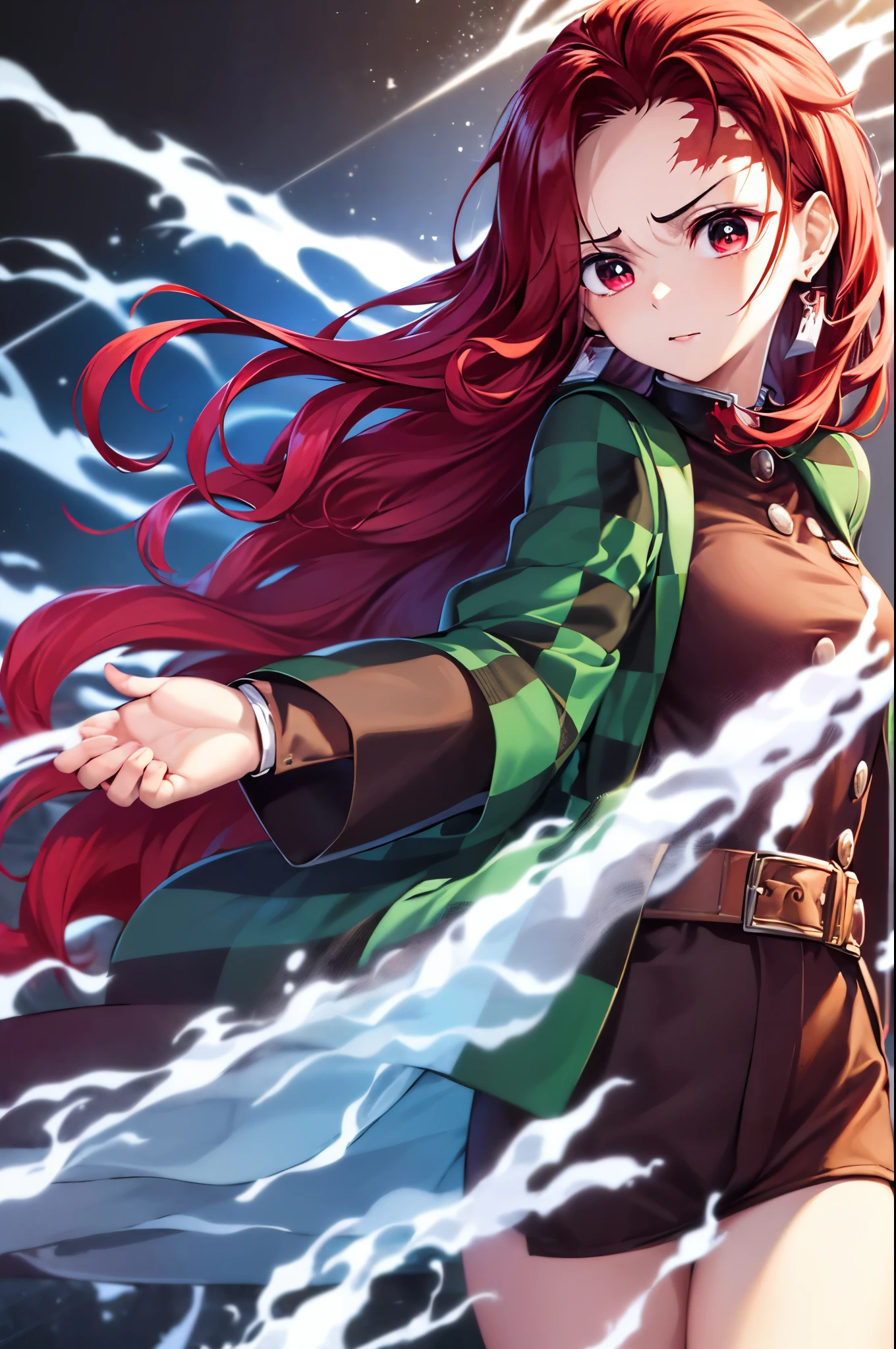 (masterpiece), best quality, expressive eyes, perfect face, highres, (female1.5), 1 girl, solo,(Tanjiro), (OriginalOutfit), (Scar,Scar on forehead, Checkered Clothes, 1Girl, Red Hair), (long red hair),(black and green plaid coat),(black pants), fantasy background, standing, upper body portrait, looking at the viewer,