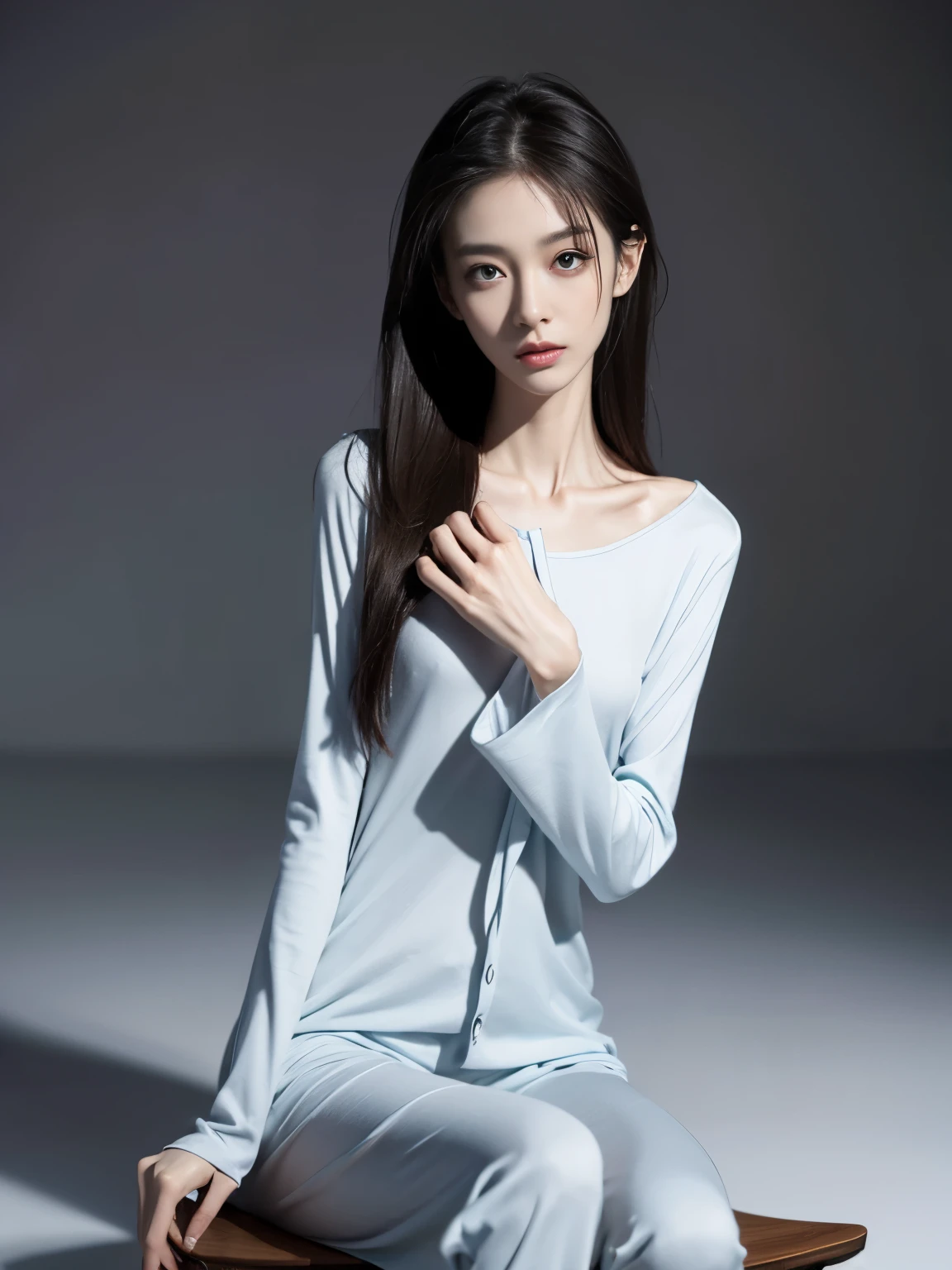 (Photorealistic),(Masterpiece),(ultra-detailed),a tall very beautiful and extremely thin girl who is literally just skin and bones because of being severely malnourished and looks so fragile and delicate and has big eyes and very small head, can see all her bones,sitting on a chair,she has very small and thin body frame and legs,wearing loose long sleeved pajamas and pants,extremely slender build,hands on stomach because of being so hungry