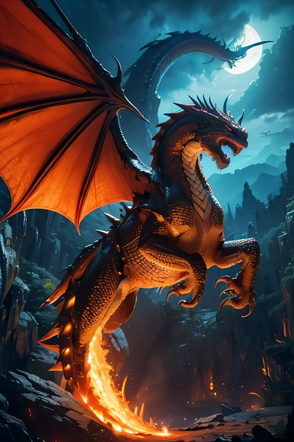 (Super detailed,high resolution,masterpiece:1.2),dragon,spider,fiercely,Squamous skin,sharp claws and fangs,large wingspan,Marks on the body,breathingfire,Hovering in the sky,Colored scales,iron tail,glowing eyes,lush scenery,dramatic lighting,bright colors,artistic interpretation