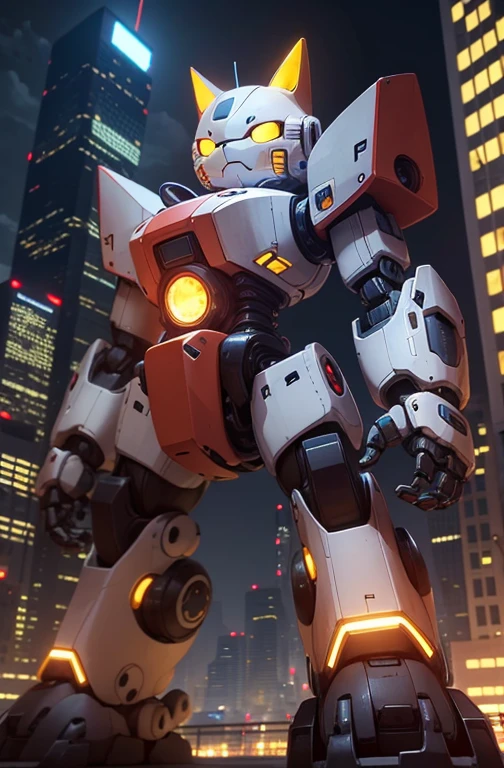 a cute mecha, robot cat, mecha, no humans, action pose, night cty