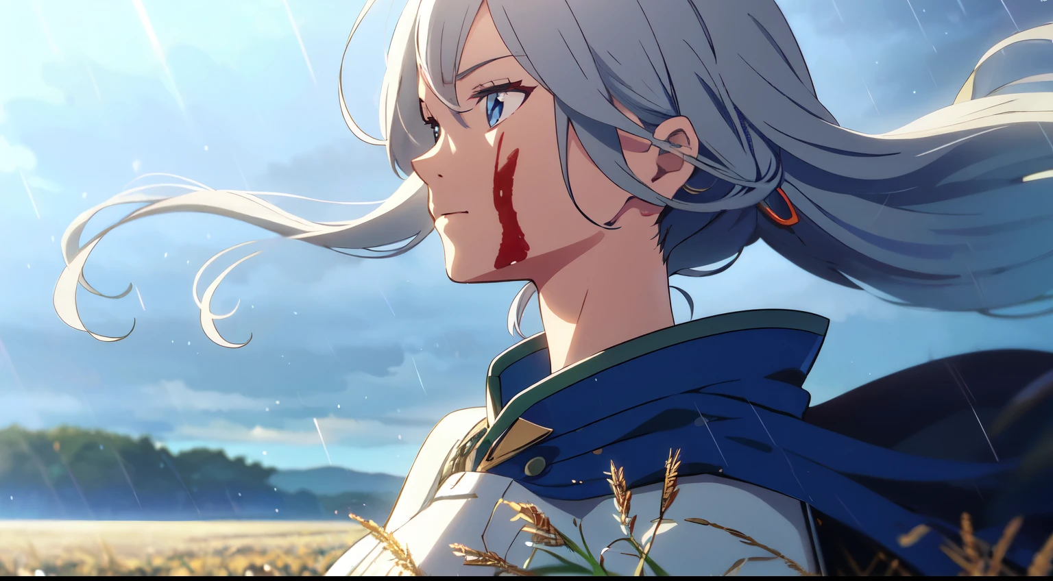 Masterpiece, 1 lady (solo), (very long hair) , White hair, Have light blue eyes. Scenery. Armor with blue cape, wear flower hairpin. Calm expression. (Blood on body and face) . Rain, Wheat field. Sky. (Look up at the sky). Ray tracing. Dramatic. (Close up),  (Blowing hair)