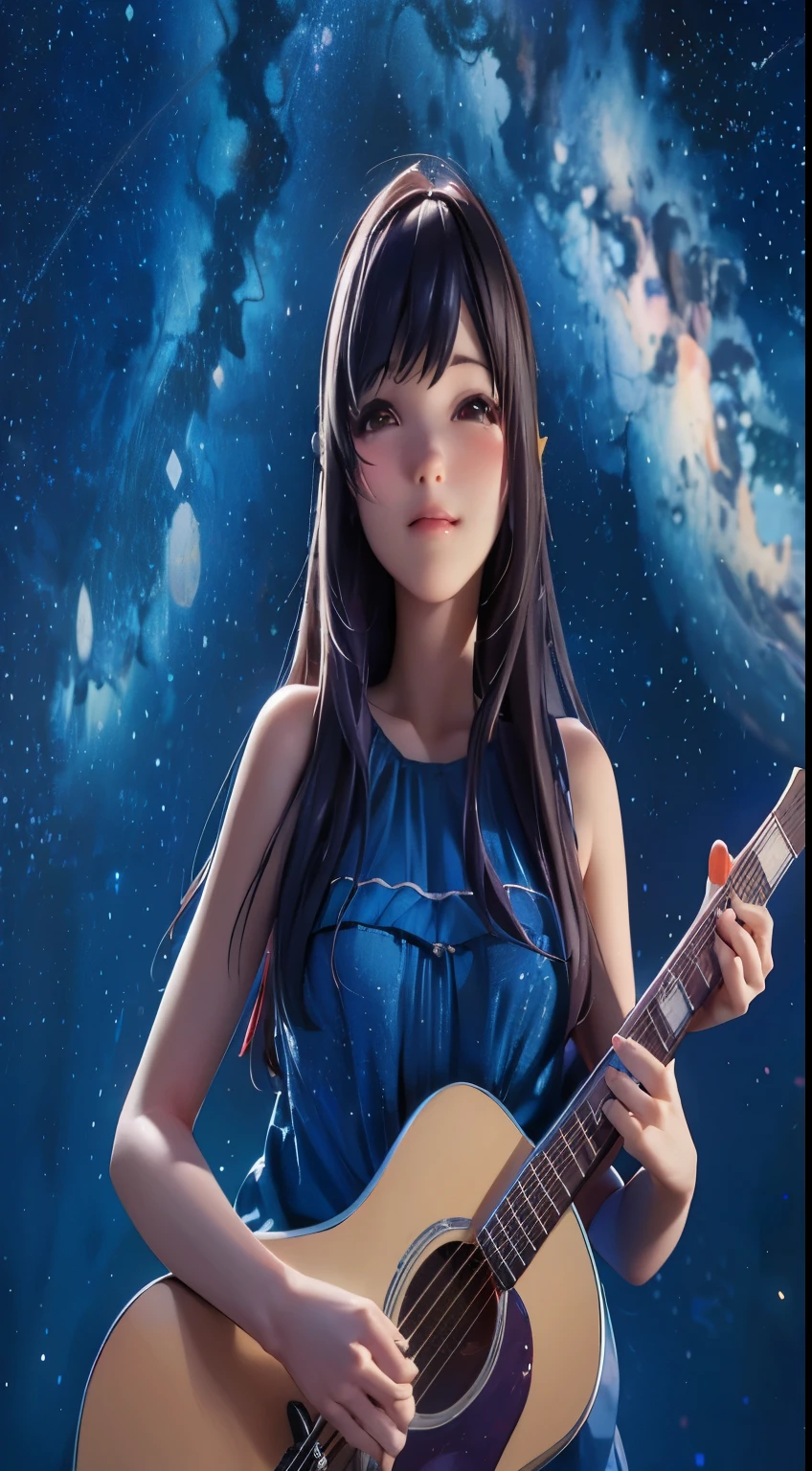 A girl with a guitar in front of the galaxy, space girl, tatami galaxy, her hair is the milky way, deayami kojima, space girl, kotegawa yui, yukii morita,  in a space starry
