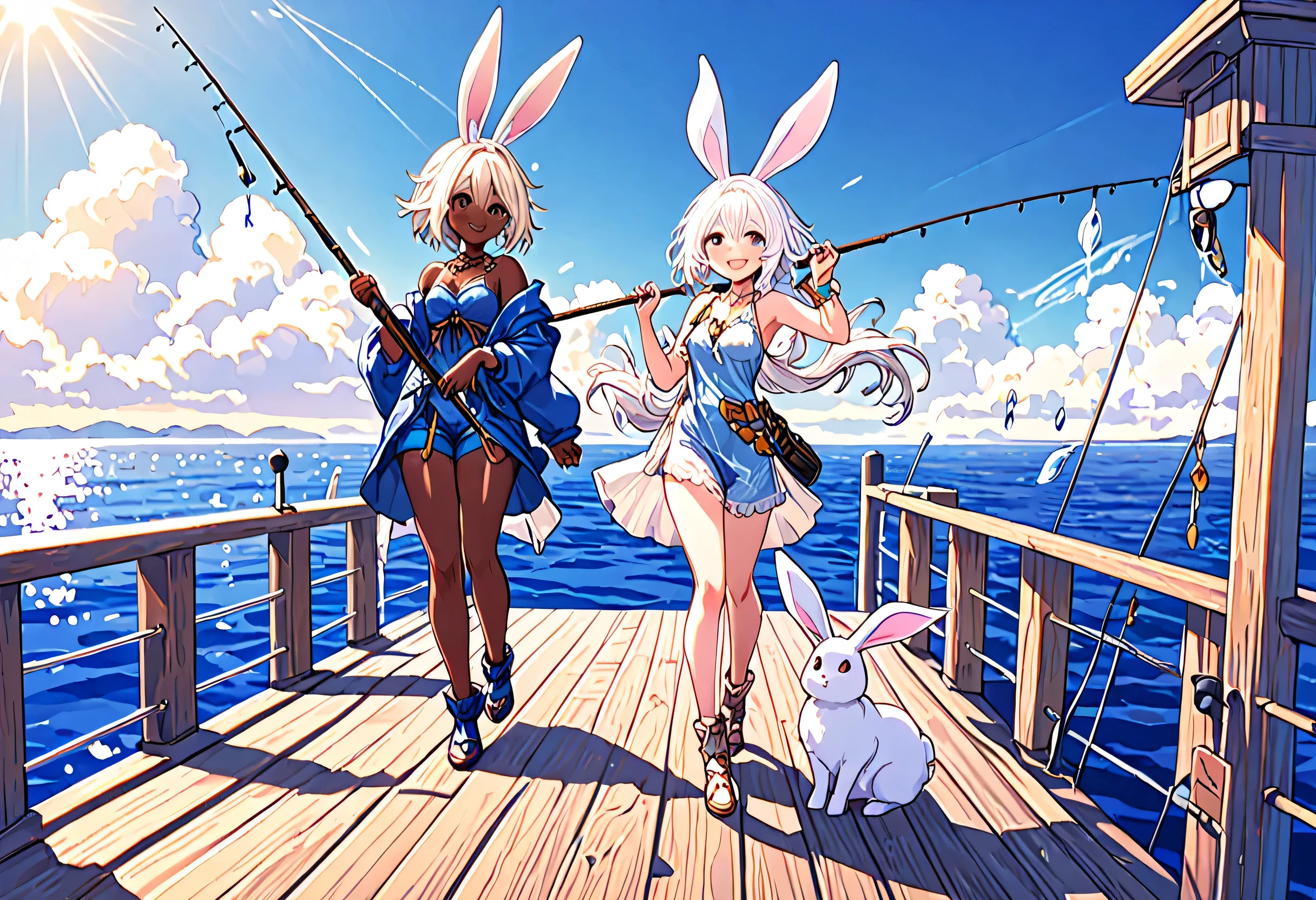 Final Fantasy 14, estilo de arte hentai, full body view, sorridente, 1Mulher-humana: (Pele branca), Cabelo branco comprido, Olhos dourados cintilantes, 1woman-faith: Pele escura, cabelo branco curto com orelhas de coelho fofas, olhos roxos cintilantes, both wearing relaxed pescaria attire, they are (pescaria) on the pier and the endless expanse of sparkling blue ocean that stretches toward the horizon, lightning: dia quente e ensolarado, melhor qualidade, ultra-detalhado, film composition, 8k.