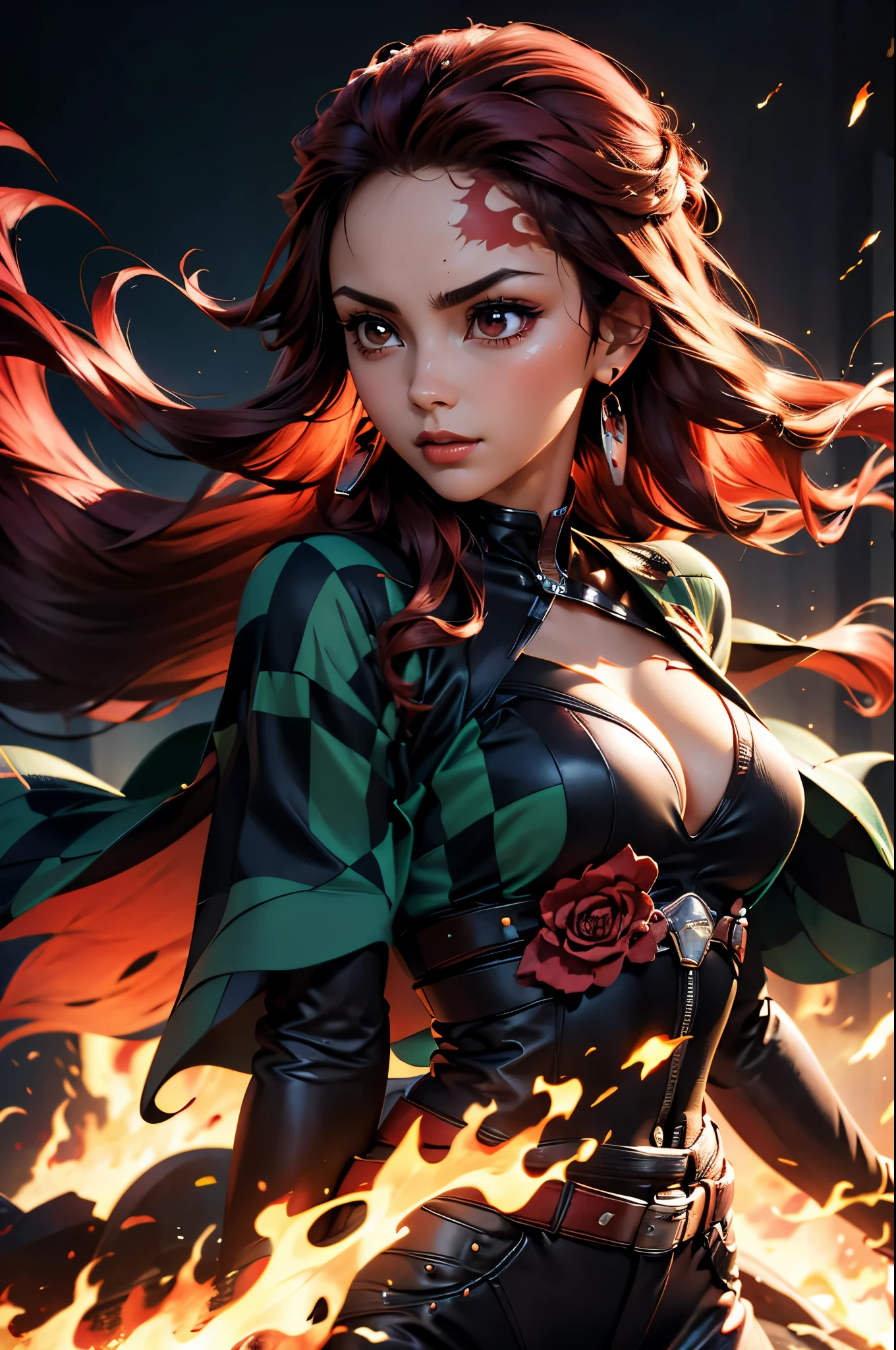 (masterpiece), best quality, expressive eyes, perfect face, highres, (female1.5), 1 girl, solo,(Tanjiro), (OriginalOutfit), (Scar,Scar on forehead, Checkered Clothes, 1Girl, Red Hair), (long red hair),(black and green plaid coat),(black pants), fantasy background, standing, upper body portrait, looking at the viewer,