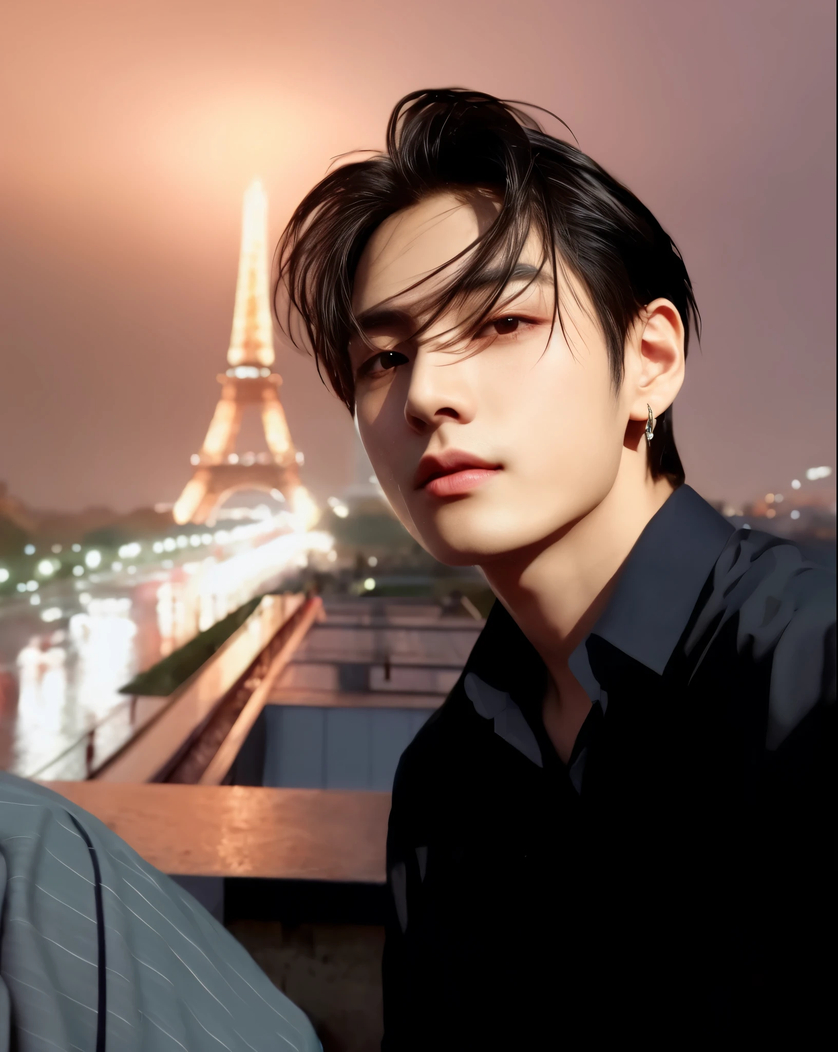 Imagem de um homem com uma camisa preta e uma camisa preta, cai xukun, inspirado em Yanjun Cheng, inspirado em Zhang Han, inspirado em Bian Shoumin, estilo de arte de anime realista, pintar ulzzang, realism art style, kpop idol portrait, Linda pose de anime, Jungkook, artista coreano, estilo de arte realista, inspirado em jeonseok lee
