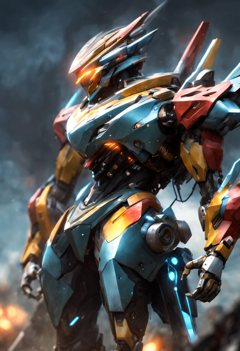 (a futuristic robot:1.1),(mecha warrior),(shiny metallic armor),(glowing blue eyes), (mechanical limbs:1.1),(powerful laser cannons),(jet thrusters:1.1),(futuristic cityscape background),(dystopian atmosphere:1.1),(epic battle),(dramatic lighting:1.1),(dynamic pose),(motion blur),(ultra-detailed),(vivid colors),(sci-fi:1.2)
