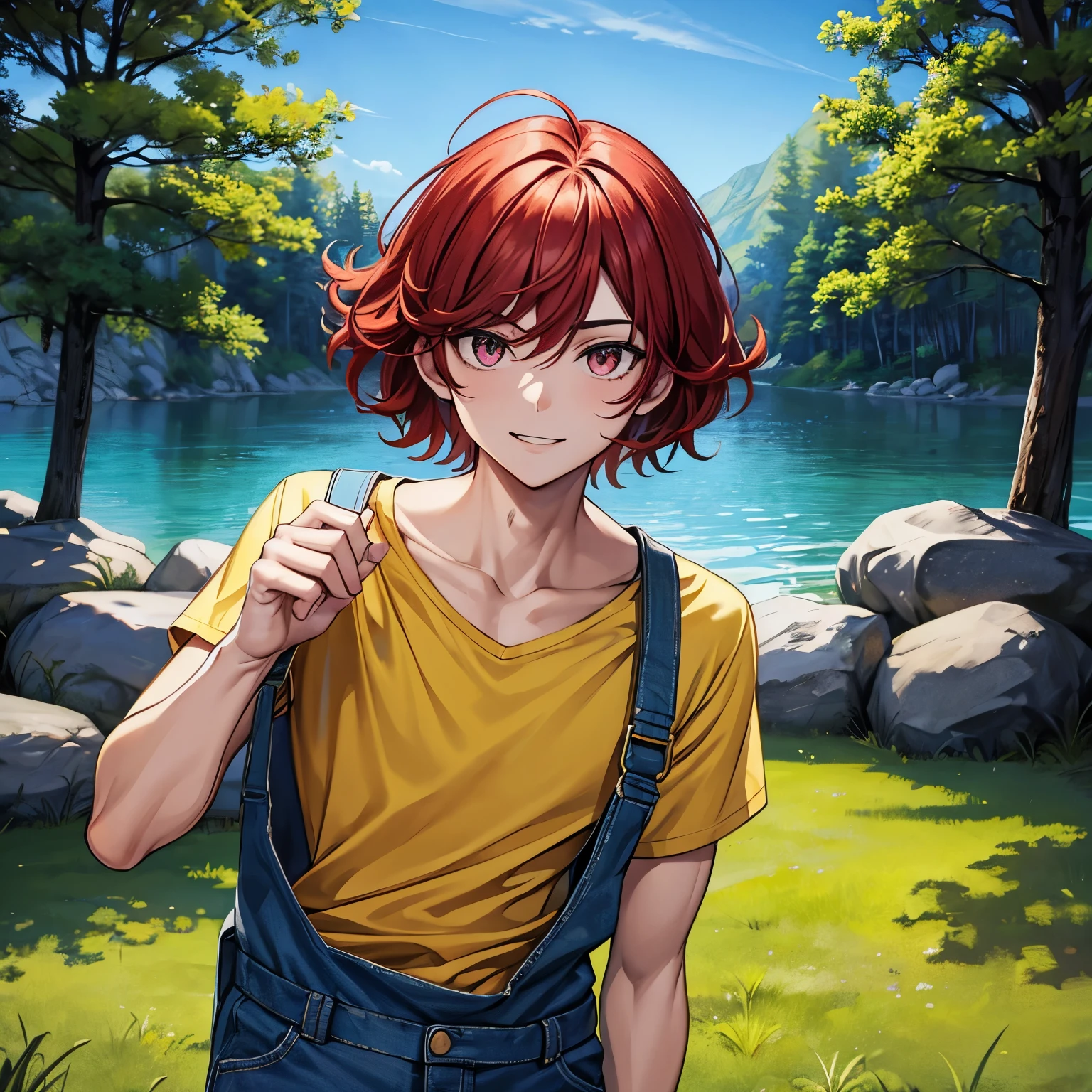 
(masterpiece), 1boy, best quality, expressive eyes, perfect face, muscular and adult Man, red hair BREAK messy hair, short hair BREAK beard, pink eyes BREAK light smile, yellow shirt BREAK blue overalls BREAK lake, forest, standing, outdoors, forest, lake, blue sky, upper body 
