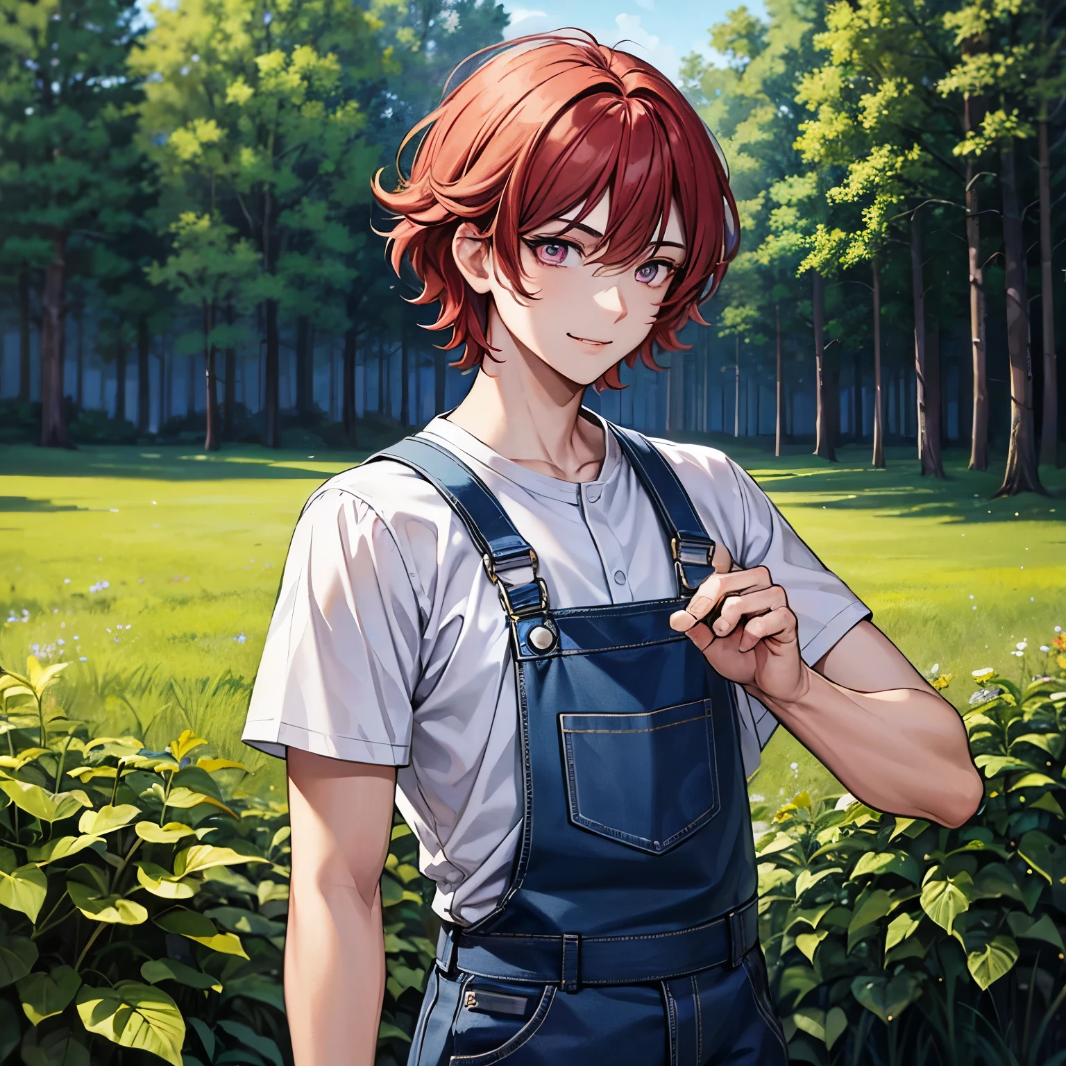 
(masterpiece), 1boy, best quality, expressive eyes, perfect face, muscular and adult Man, red hair BREAK messy hair, short hair BREAK beard, pink eyes BREAK light smile, yellow shirt BREAK blue overalls BREAK lake, forest, standing, outdoors, forest, lake, blue sky, upper body 
