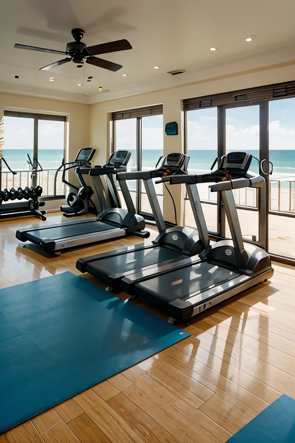 gym with modern equipment and beach landscape outside