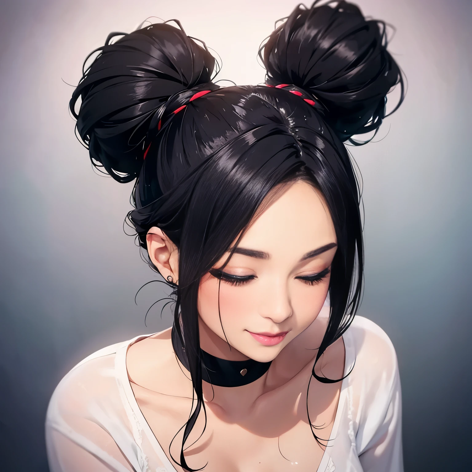 Sexy woman, black hair in a neat bun, amazing makeup, closed eyes, open mouth, blushing very hard, smiling, sweating, looking up, moaning, pleasure