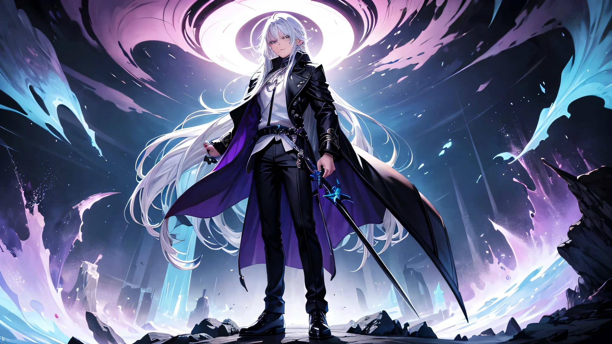 A boy with long white hair, blue ice eyes, wearing a black coat with under it a White shirt and dark blue pants, his shoes instead being black. On his left hand he has a black thin sword, covered in a purple dark magic. Instead, he has in his other hand a Dark Purple colored magic sphere. He stands on an island made from Dark black rocks. Around the island there is a giant ocean colored in Purple, while in the horizon, there are many other islands holded by some chains coming out from portals. In the meantime, a giant purple sun is rising aswell.