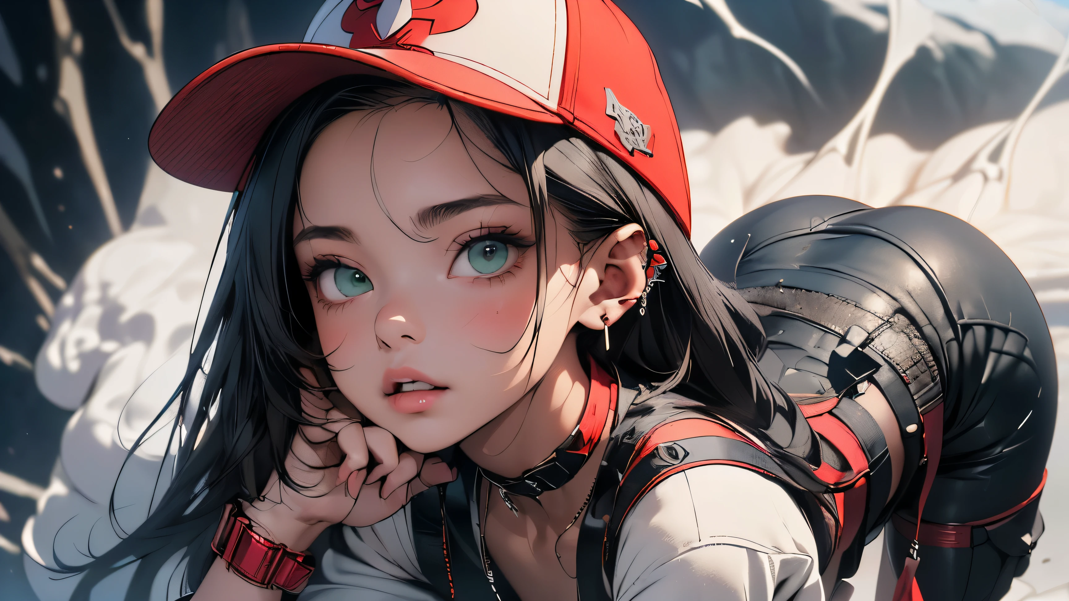 (best quality, 8k, 32k, masterpiece, UHD:1.2), highres, sharp focus, detailed outfit, absurdres, key visual, beautiful detailed hair, delicate details, (((portrait, RAW, pixiv, anime)), Graffiti, 1girl, solo, haori, mist, steam, smoke, shirt, hat, black hair, green eyes, cargo pants, streetwear, high tech, watch, looking at viewer, dog collar, belt, high designer lingerie, red baseball cap, leaf, cropped legs, ear piercing, long hair, hand in pocket, sharp focus, best quality, depth of field, cinematic lighting, correct anatomy, full body shot