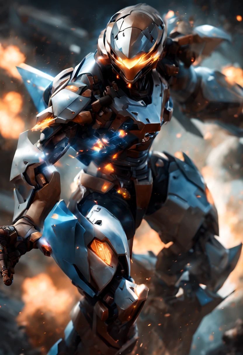 (a futuristic robot:1.1),(mecha warrior),(shiny metallic armor),(glowing blue eyes), (mechanical limbs:1.1),(powerful laser cannons),(jet thrusters:1.1),(futuristic cityscape background),(dystopian atmosphere:1.1),(epic battle),(dramatic lighting:1.1),(dynamic pose),(motion blur),(ultra-detailed),(vivid colors),(sci-fi:1.2)