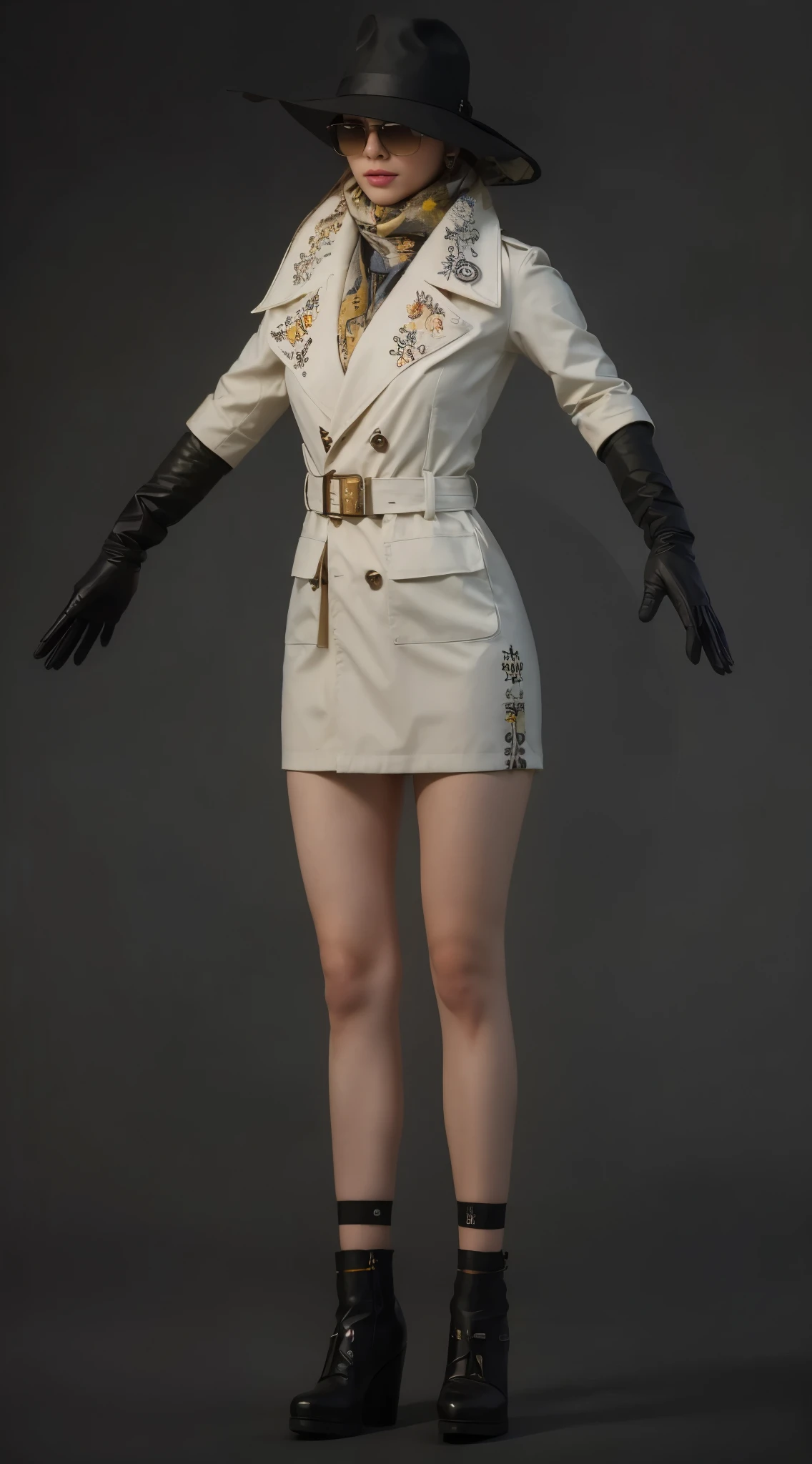 (masterpiece),(best quality:1.0),(ultra highres:1.0), sexy girl, detailed beautiful, hat, polarized lenses, scarf yellow , coat with decoration, skinny, wallpaper 8k, full body