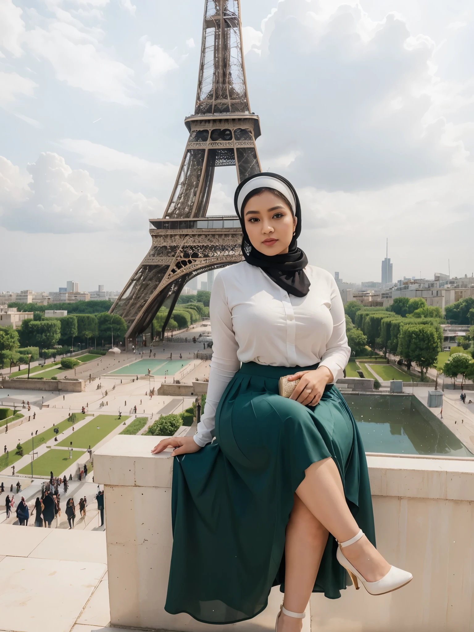 (masterpiece), best quality, malaysian woman,((35 years)), curvaceous, wearing hijab, Masterpiece: 1.3, wearing pearl hijab, long skirt, white stockings, heels, Masterpiece, Paris view background, bokeh,