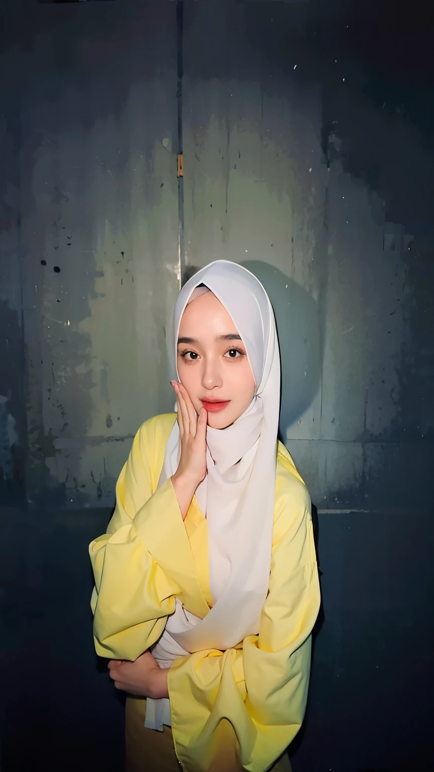 there is a woman wearing a yellow shirt and a white scarf, potrait, protrait, inspired by Naza, old picture, inspired by Nazmi Ziya Güran, full protrait, inspired by Fathi Hassan, ((portrait)), a picture, photo portrait, hijab, 🤤 girl portrait, inspired by JoWOnder, close up potrait, semi realism