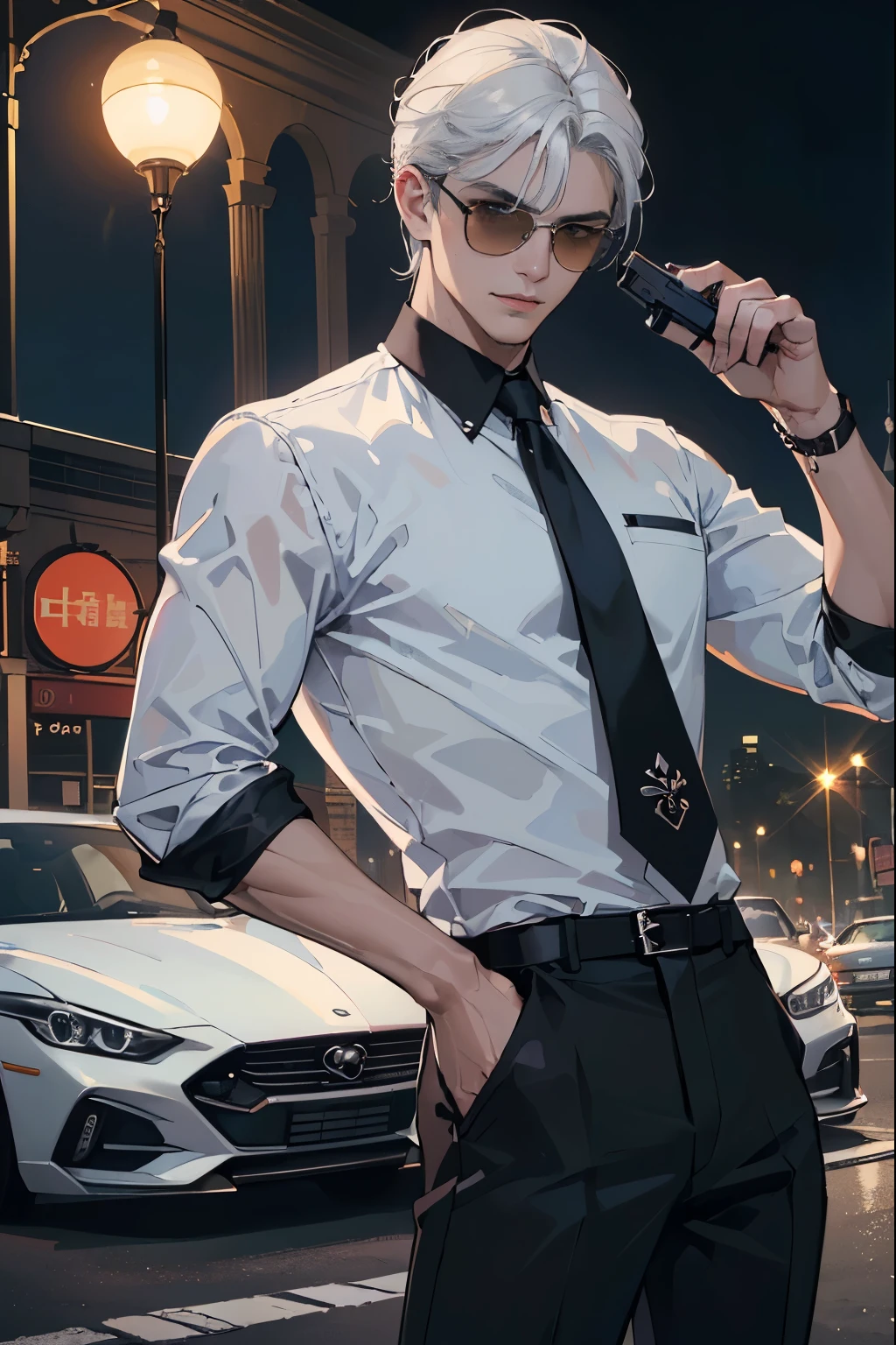 ((Atualmente, A cute and beautiful Man with a dagger in her hand), ((Mafia)), ((sorriso travesso), ((cabelos longos exuberantes)), ((black pants)), (( olhos gradientes)), ((The background is a night view of the city with various sports cars and mafia)), ((camisa social branca)), (Homem chefe de mafia)), ((wearing sunglasses)), ((cabelos platinados)), rosto atraente e masculino, ((Man holding a gun in his hand)), scenario, Yakuza, UHigh definition, retina, obra de arte, preciso, anatomical, Cientificamente correto, Pele texturizada, super detalhe, altamente detalhado, alta qualidade, premiado, maximum quality, High definition, 1080P, High definition, 4k, 8k, 16k. ((holding a pistol in his hand))